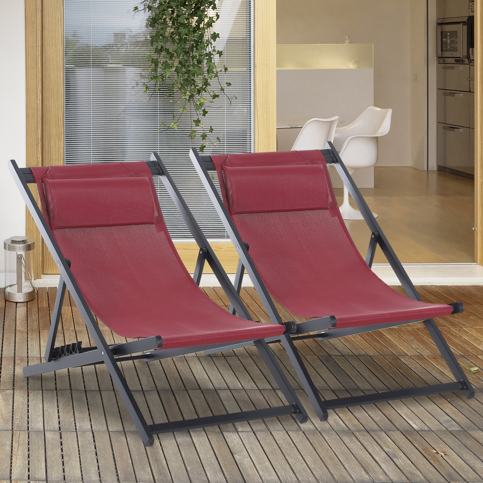 Outsunny Garden Deck Chairs, Set of 2, Folding, Portable for Beach/Patio, Durable, Red