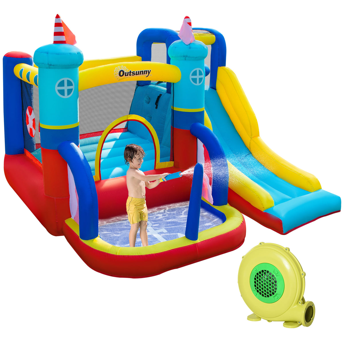 Kozy - 4 in 1 Kids Bouncy Castle Large Sailboat Style Inflatable House Slide Trampoline Water Pool Climbing Wall with Blower Carrybag for Kids Age 3-8, 2.65 x 2.6 x 2m