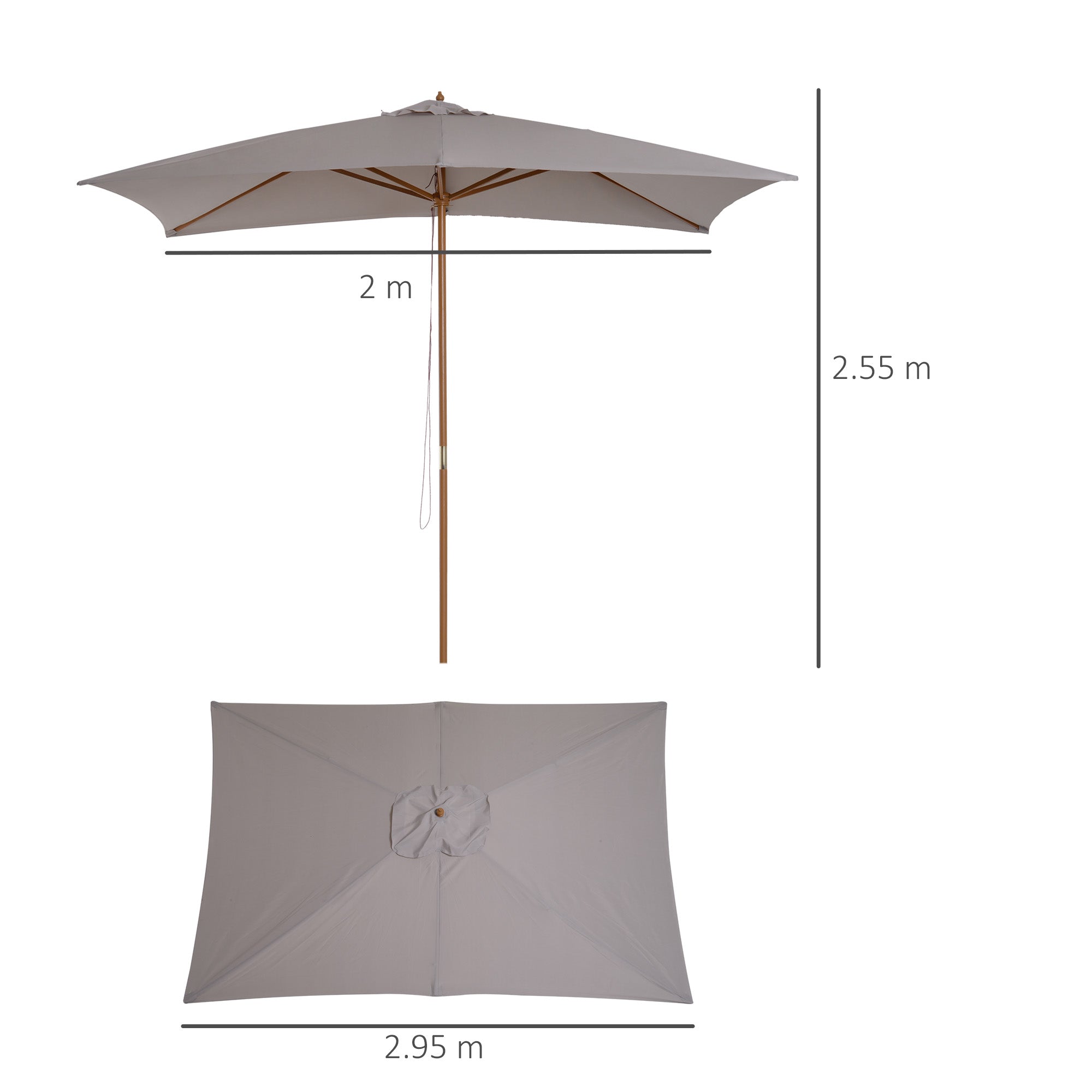 Kozy 2 x 3m Wooden Garden Parasol Umbrella Outdoor Sun Shade Canopy, Table Market Umbrella with Vent, 38 mm Pole, Rope Pulley Mechanism, Light Grey