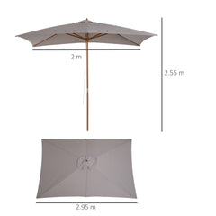 Kozy 2 x 3m Wooden Garden Parasol Umbrella Outdoor Sun Shade Canopy, Table Market Umbrella with Vent, 38 mm Pole, Rope Pulley Mechanism, Light Grey