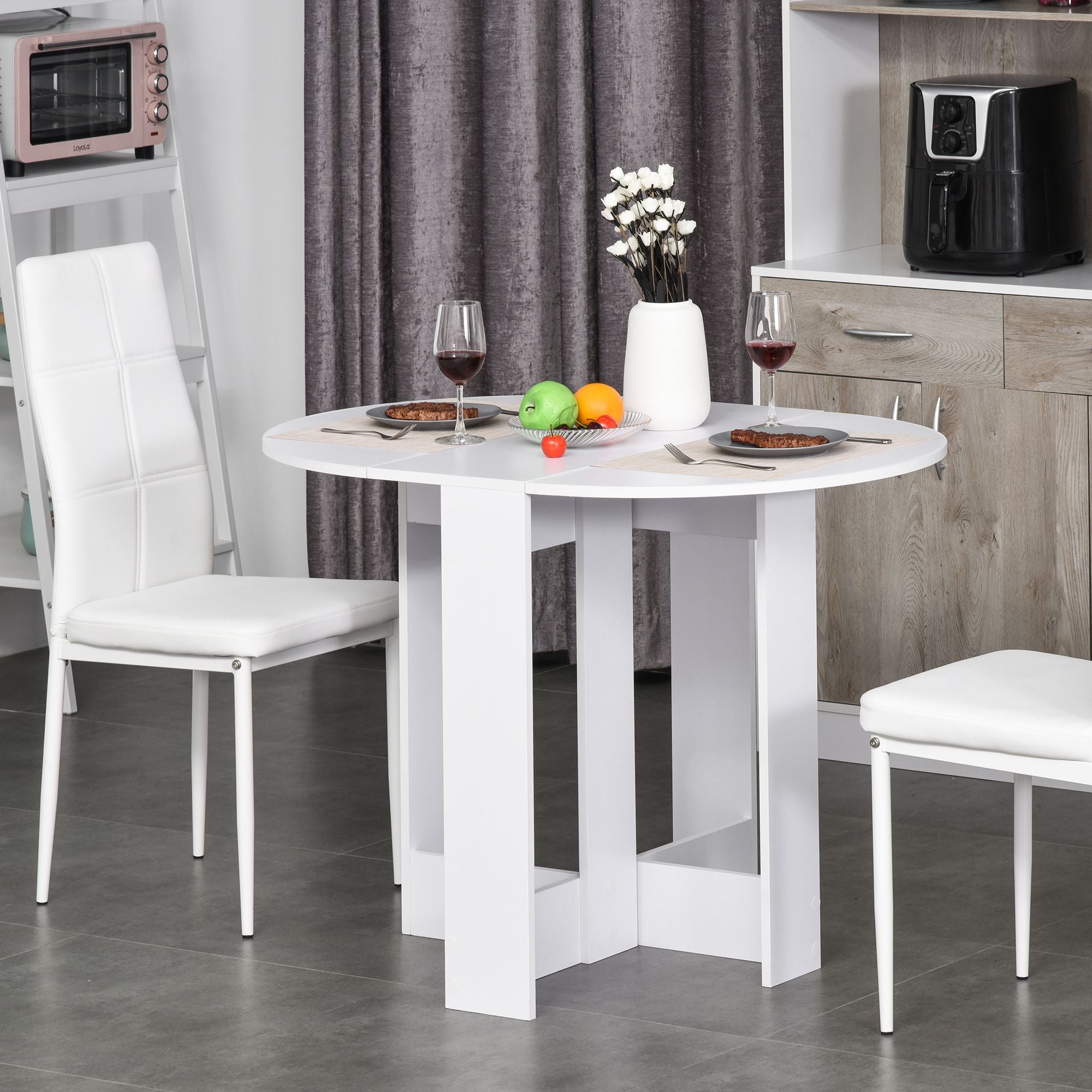Kozy Space-saving Drop Leaf Table, Folding Dining Table for Small Space, Kitchen, Dining Room, White