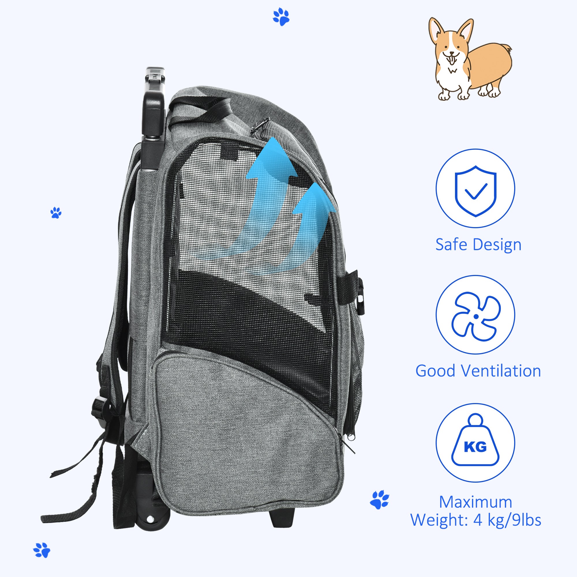 Kozy Pet Travel Backpack Bag Cat Puppy Dog Carrier w/ Trolley and Telescopic Handle Portable Stroller Wheel Luggage Bag (Grey)