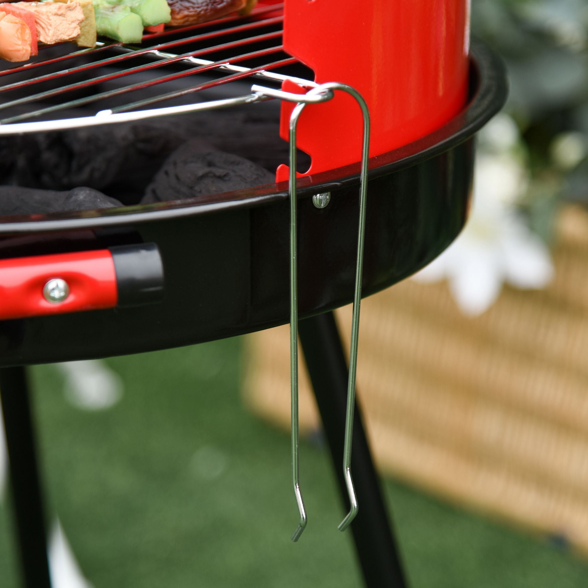 Outsunny Charcoal Barbecue Grill Garden BBQ Trolley w/ Adjustable Grill Pan Height, Wheels and 3 layers, Red