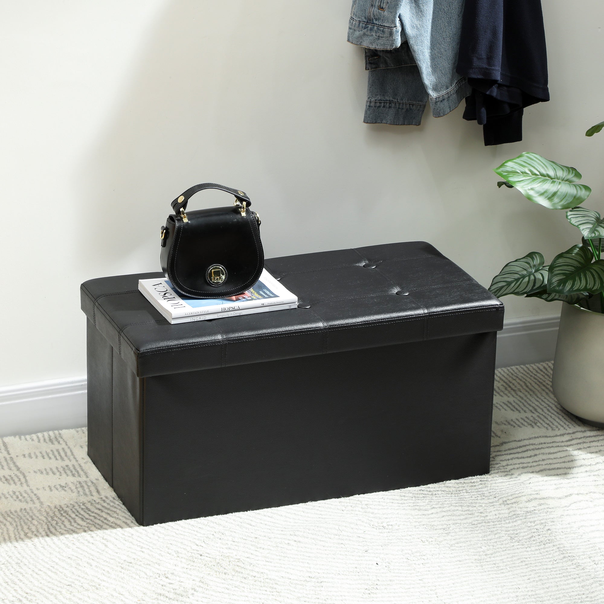 Kozy Storage Ottoman Bench, 89L PU Leather Folding Foot Rest Stool, End of Bed Bench, Easy Assembly, for Living Room, Bedroom, Entryway, Grey