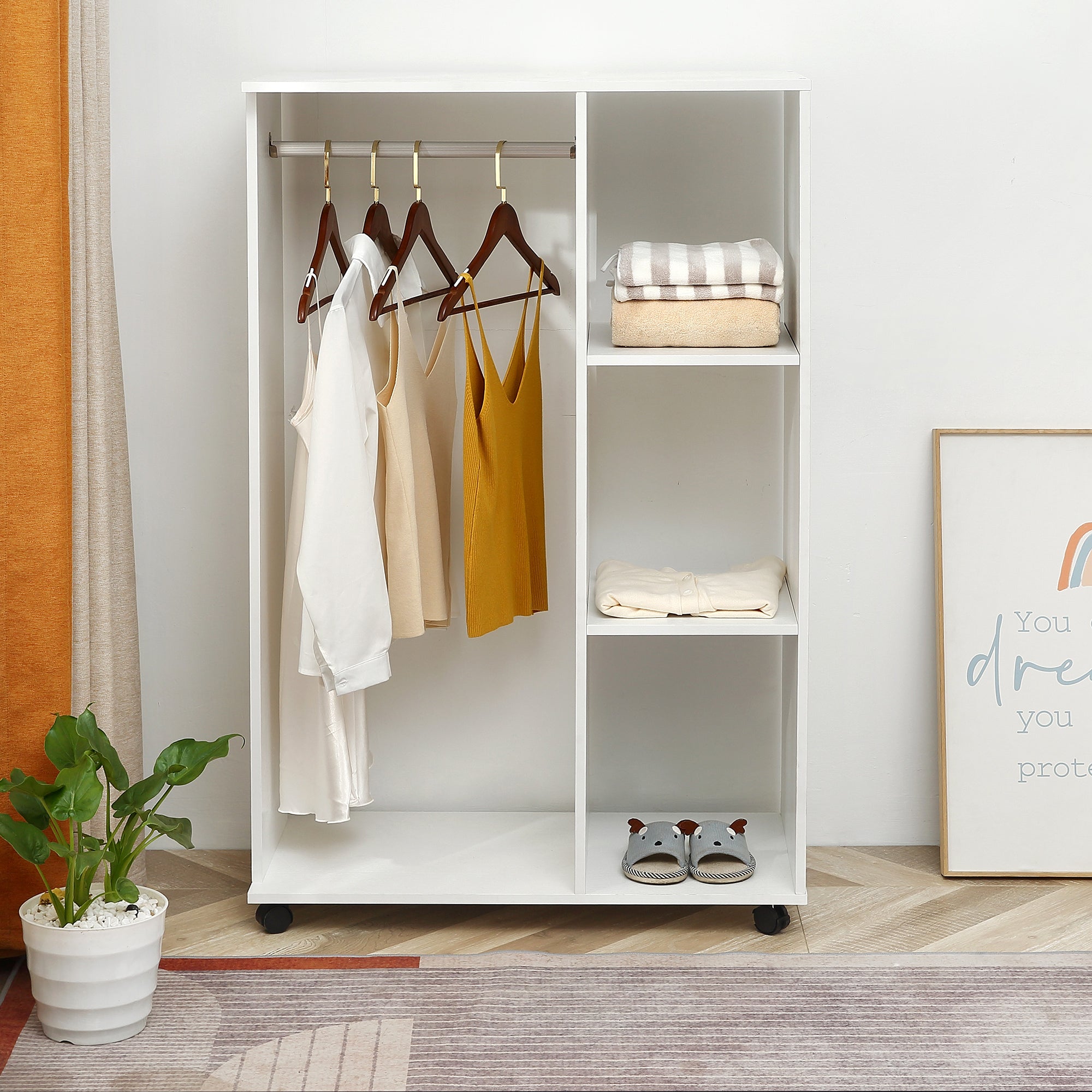 Kozy Open Wardrobe on Wheels, Bedroom Wardrobe with Clothes Hanging Rail, 3 Storage Shelves, Mobile Garment Rack for Cloakroom, Hallway, White