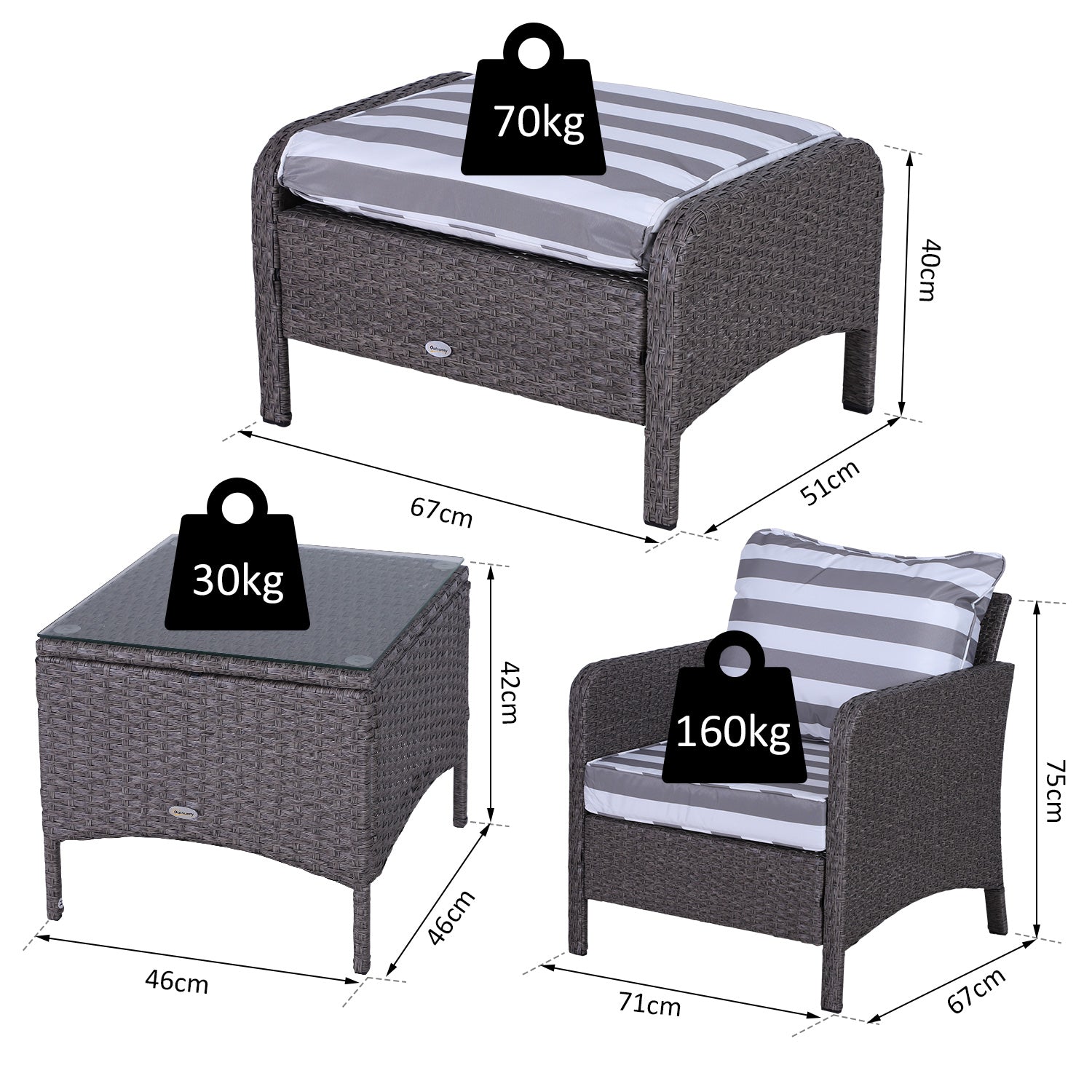 Outsunny Rattan Garden Furniture Set, 2 Seater with Armchairs, Stools, Glass Top Table, Cushions, Wicker Weave Chairs, Outdoor Seating