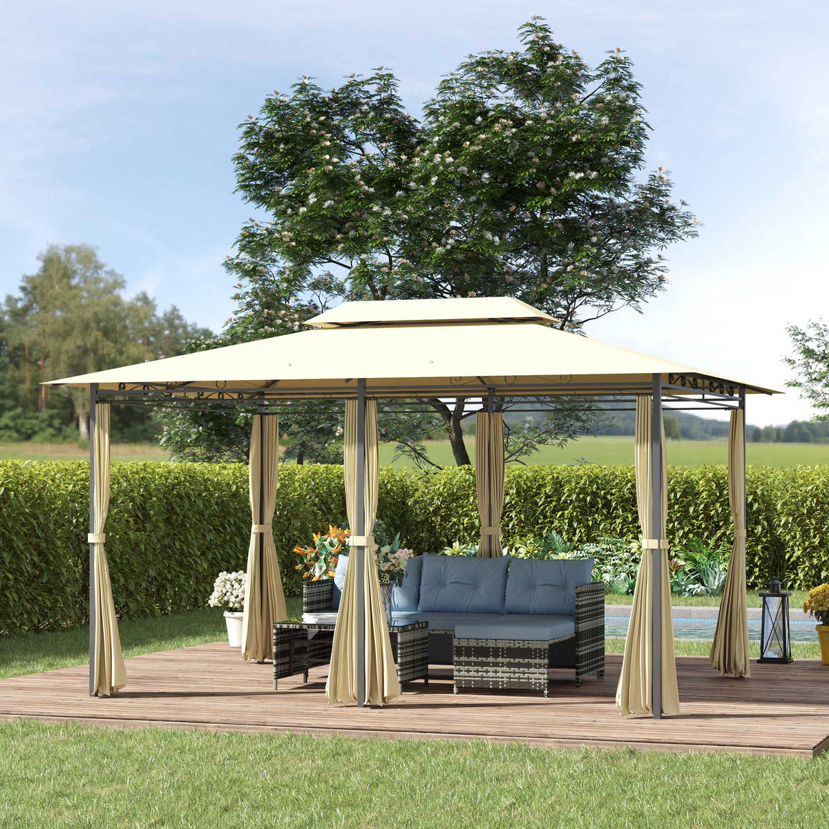 Outsunny 4m x 3(m) Metal Gazebo Canopy Party Tent Garden Pavillion Patio Shelter Pavilion with Curtains Sidewalls Beige