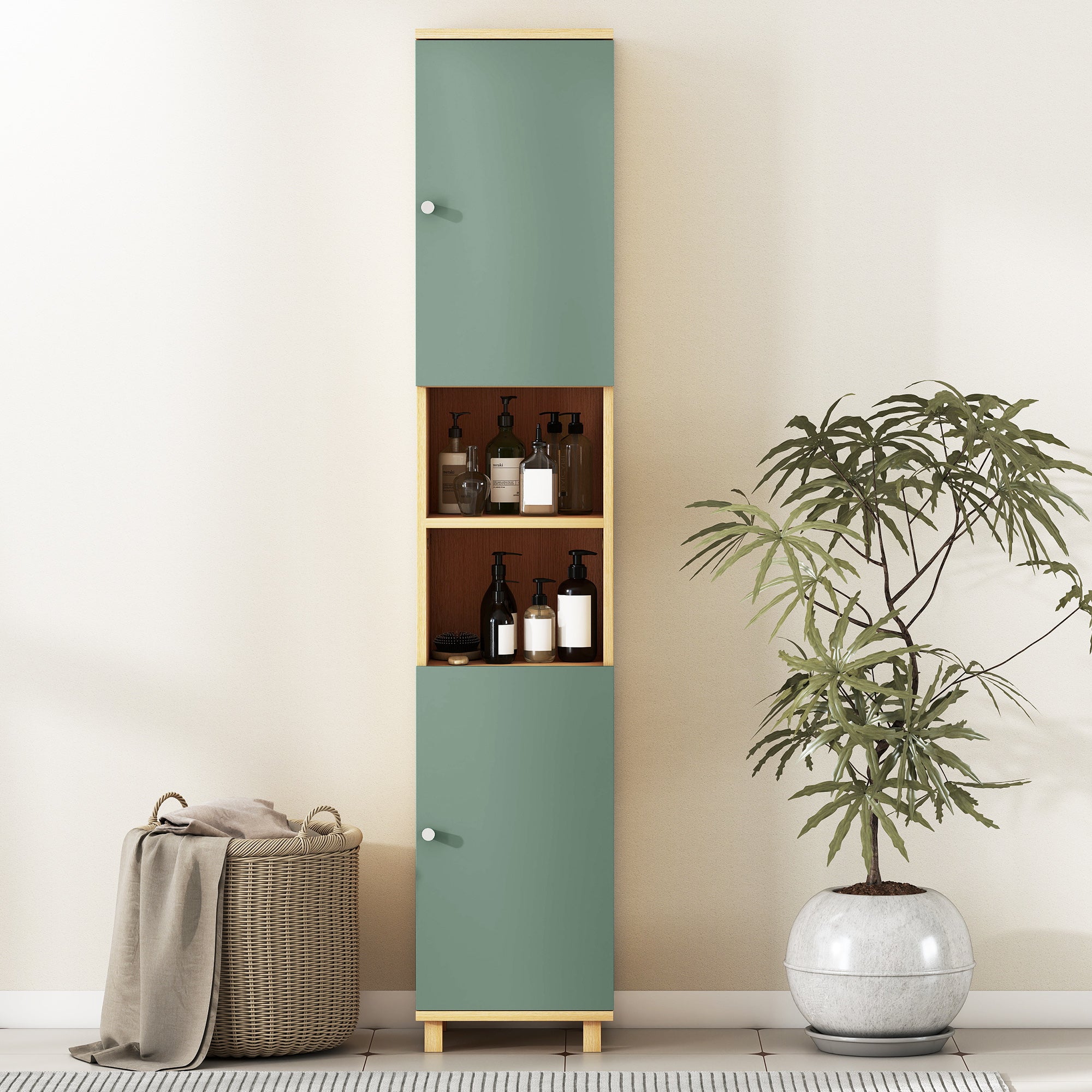 Kozy Bathroom Cabinet with Adjustable Shelves and Open Shelves - Green