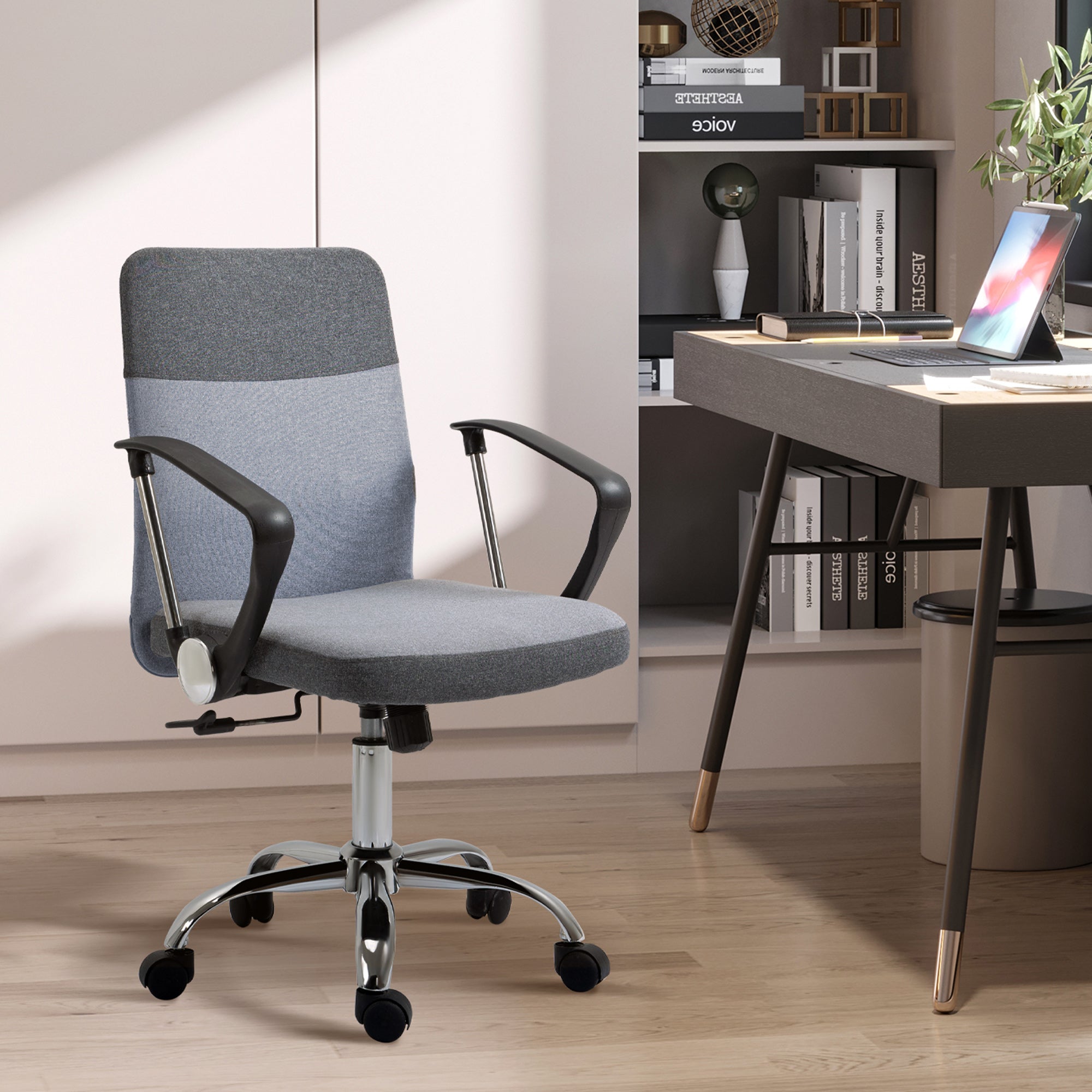 Kozy Office Chair Linen Fabric Swivel Computer Desk Chair Home Study Adjustable Chair with Wheels, Grey