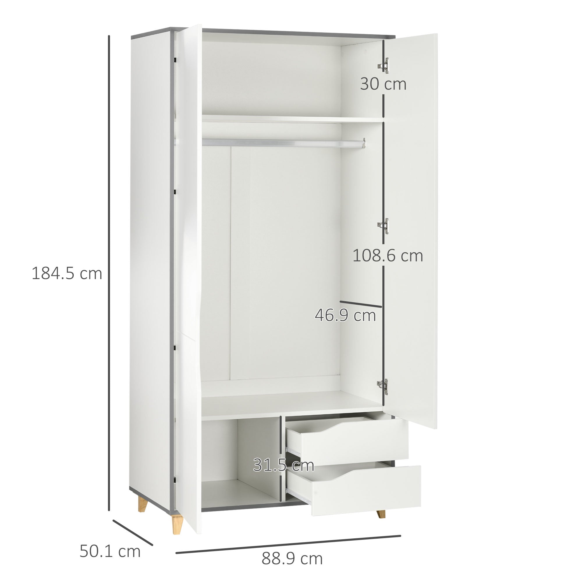 Kozy Wardrobe with 2 Doors, 2 Drawers, Hanging Rail, Shelves for Bedroom Clothes Storage Organiser, 89x50x185cm, White