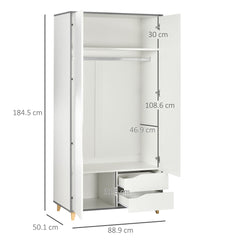 Kozy Wardrobe with 2 Doors, 2 Drawers, Hanging Rail, Shelves for Bedroom Clothes Storage Organiser, 89x50x185cm, White