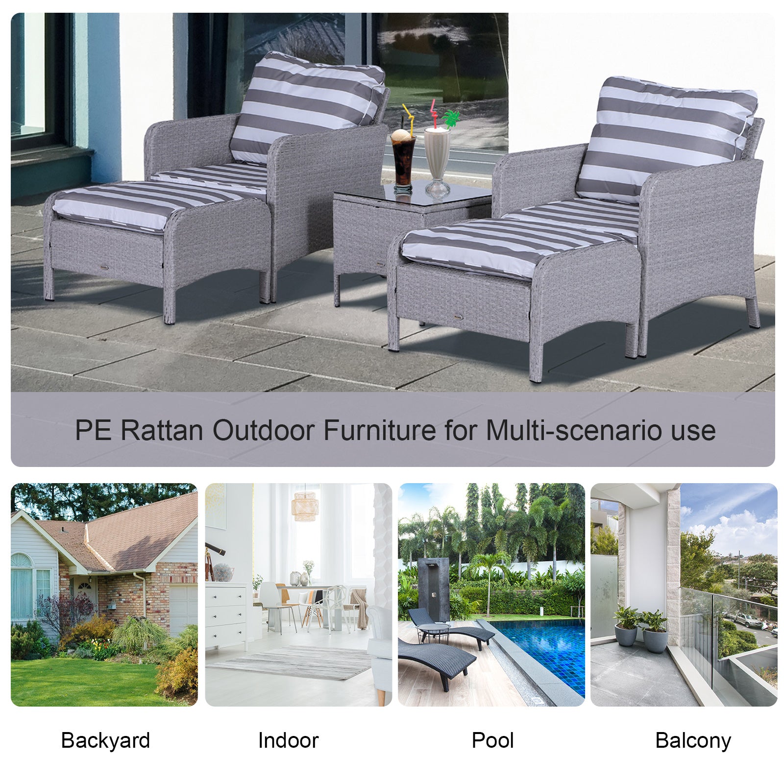 Outsunny 2 Seater PE Rattan Garden Furniture Set, 2 Armchairs 2 Stools Glass Top Table Cushions Wicker Weave Chairs Outdoor Seating