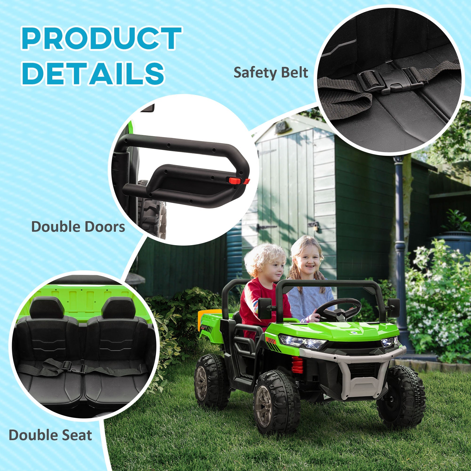 HOMCOM 12V Two-Seater Kids Electric Ride-On Car, with Electric Bucket, Remote Control - Green