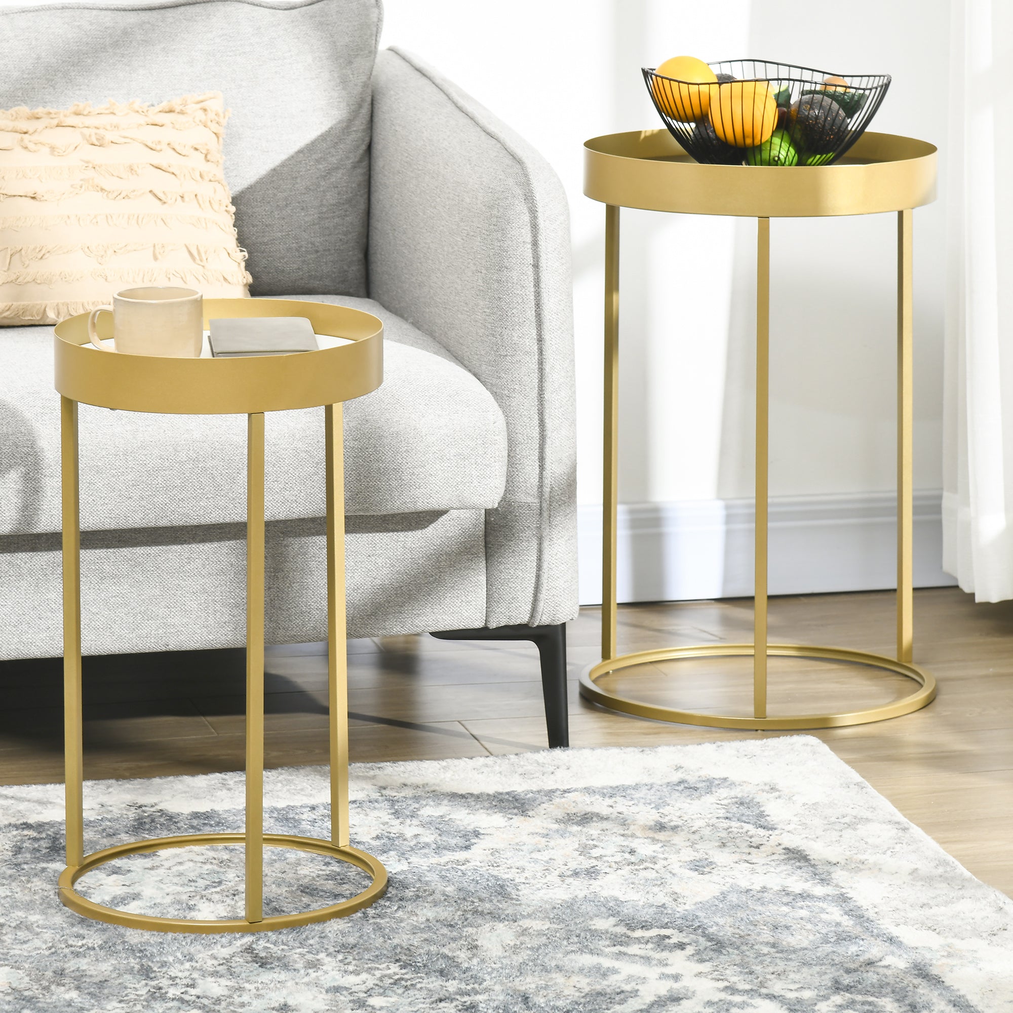 Kozy Nest of Tables, Round Coffee Table Set of 2, Nesting Tables with Embedded Tabletop and Metal Frame, Gold Side Table for Living Room, Bedroom
