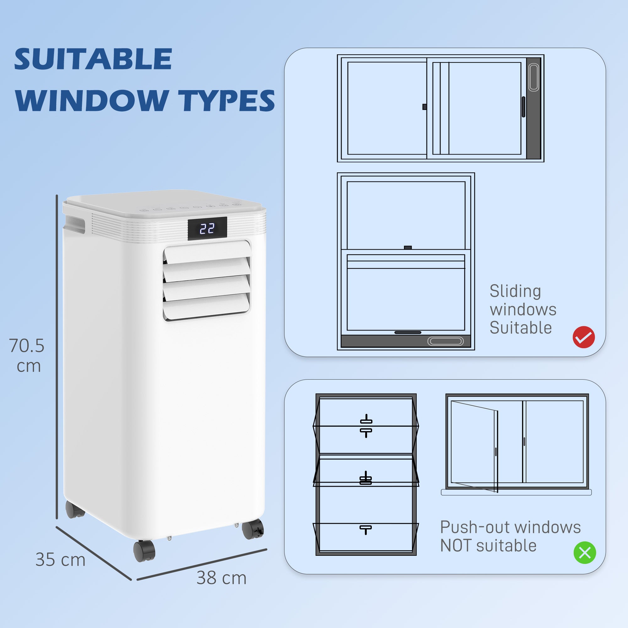 Kozy 8000 BTU Air Conditioning Unit, 3-in-1 Portable Air Conditioner, Dehumidifier, Cooling Fan with Remote Control, Digital Display, 2 Speeds, 24H Timer, Window Venting Kit, 18m²