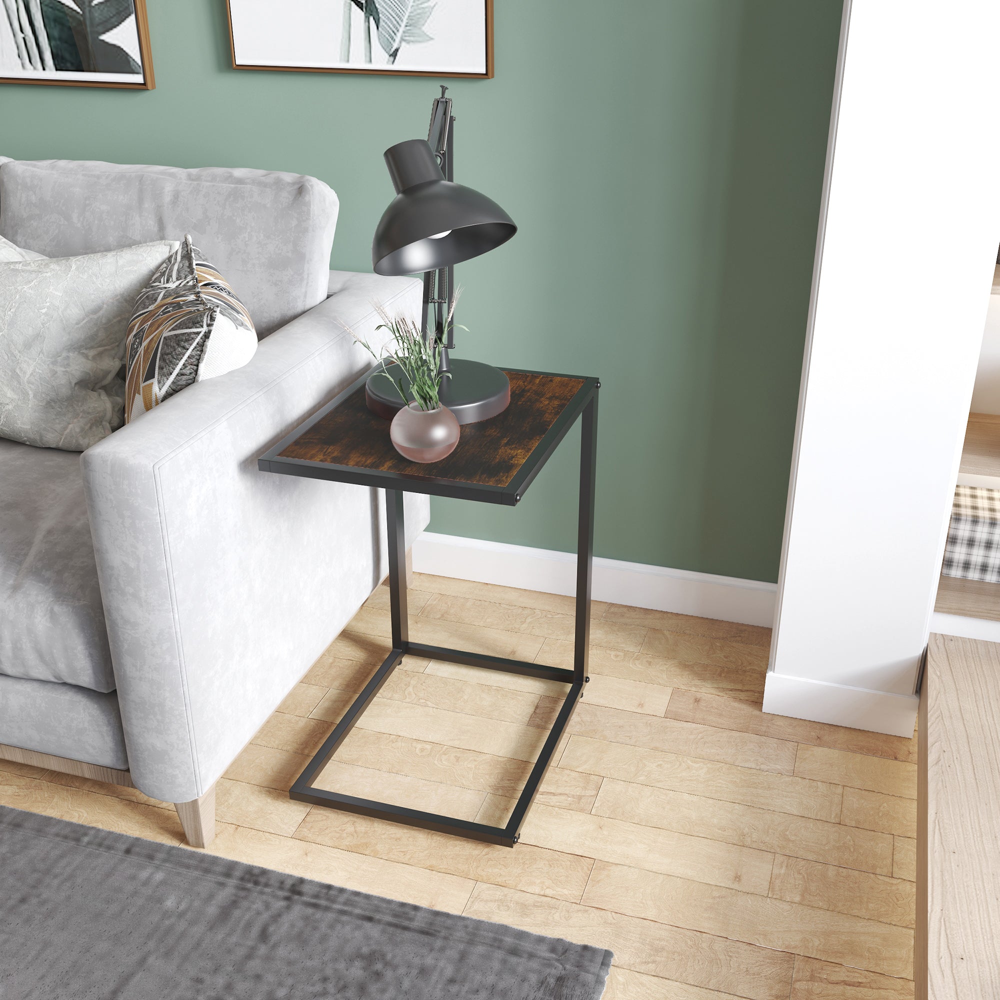 Kozy C-Shaped Side Table, Bedside Table with Metal Frame, Accent Sofa Couch Table for Living room, Bedroom, Brown and Black