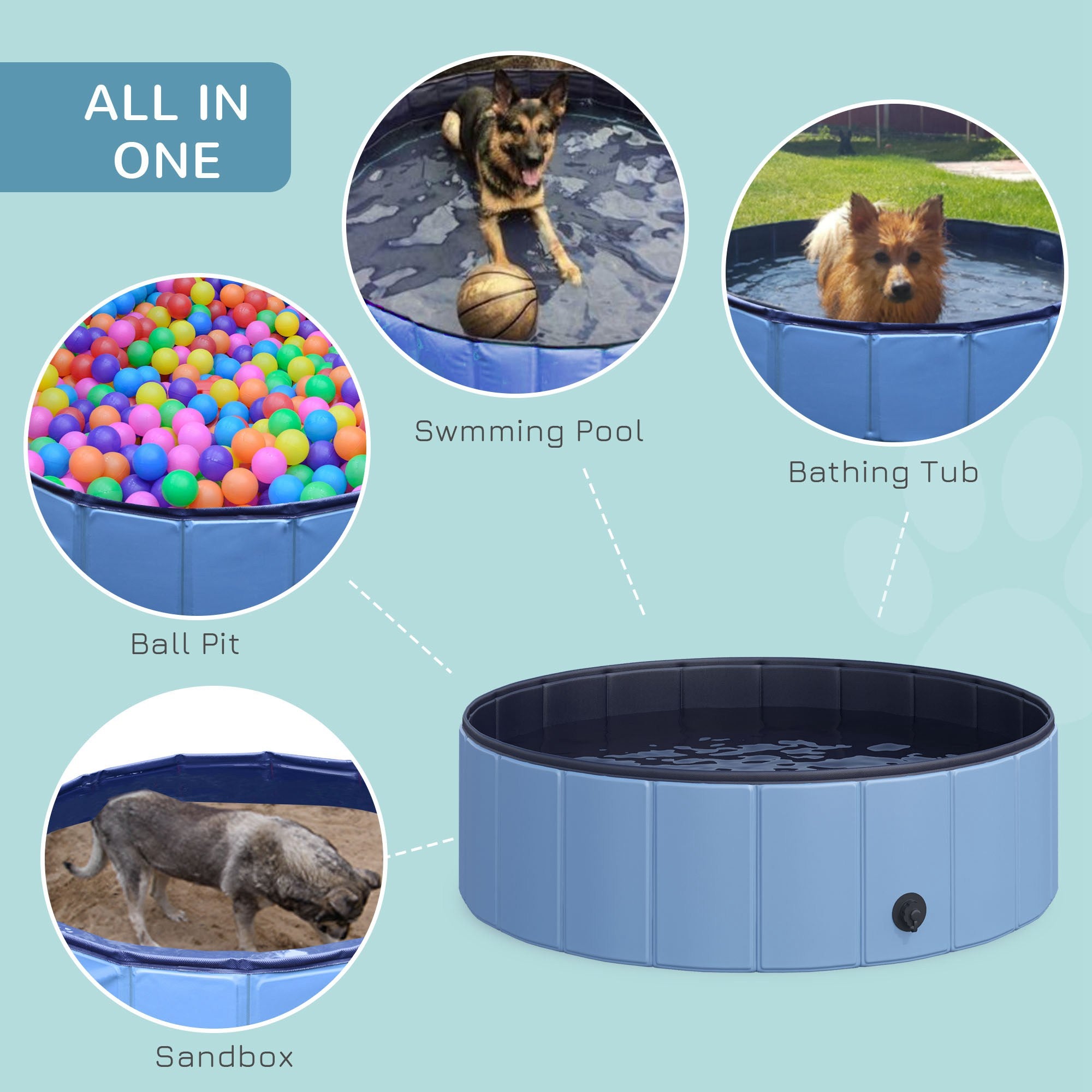 Kozy Dog Paddling Pool, Foldable Dog Pool, Leakproof & Hard Plastic, Portable Pet Bathtub with Non-Slip Base & Drainage Hole, for Indoors, Outdoors, Garden, Patio, 100 x 30 cm, Blue