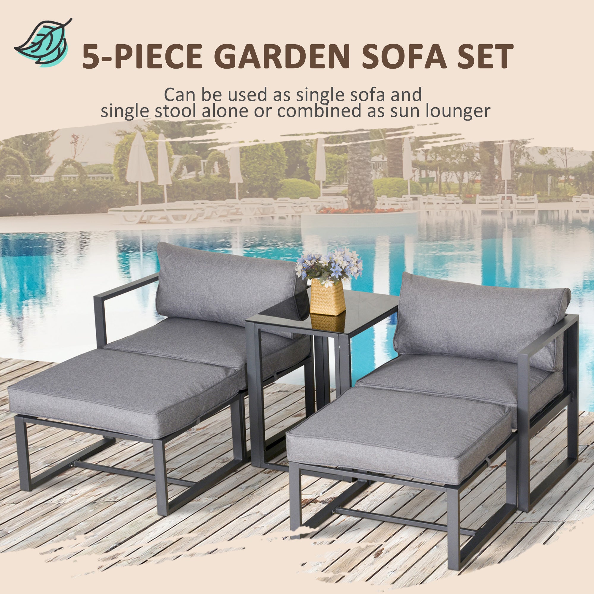 Kozy 5 Piece Garden Aluminium Conversation Sofa Set Patio Furniture Set Outdoor 2 Sofas 2 Footstools End Table with Cushions