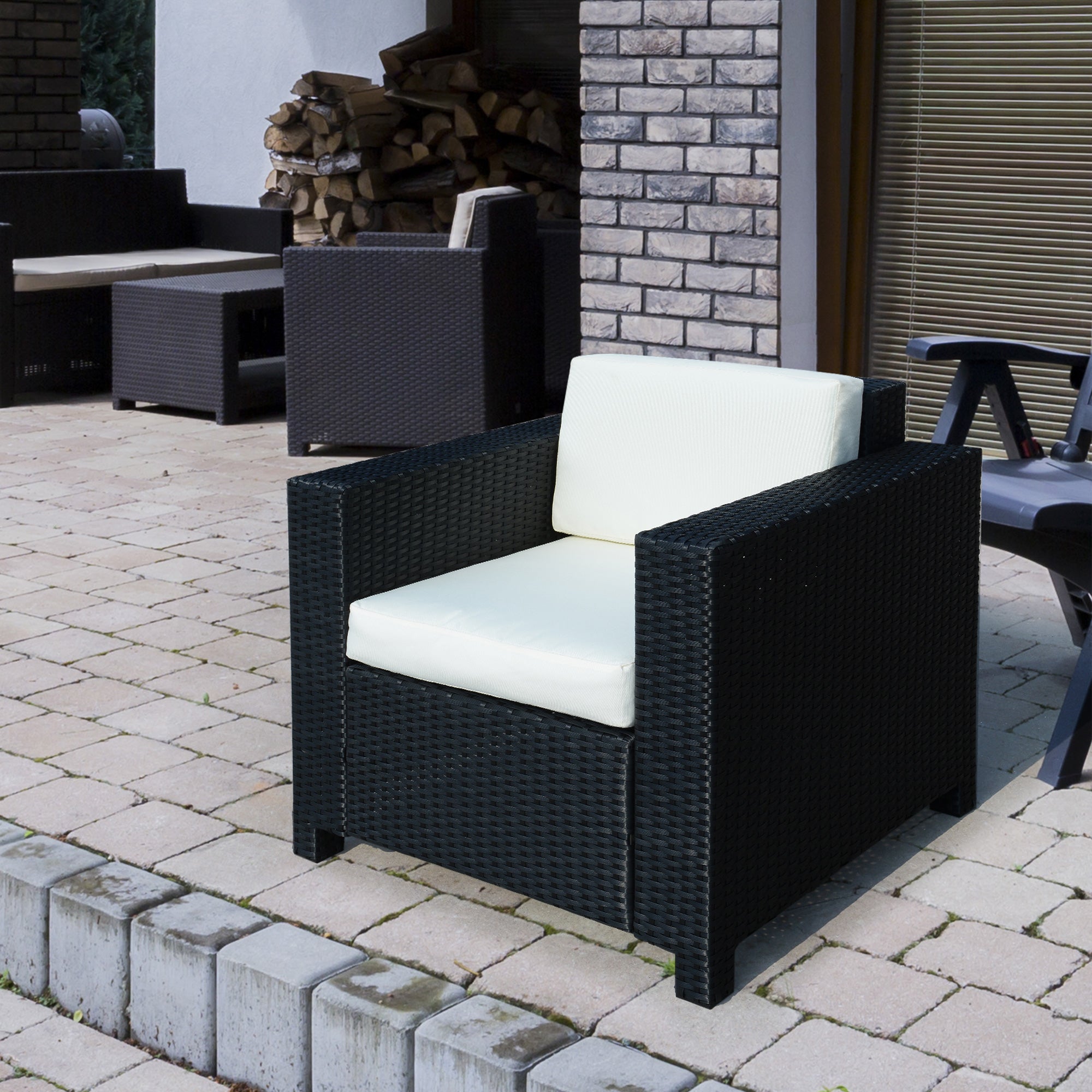 Kozy Single Seater Rattan Chair Sofa with 10 cm Thick Padded Cushion, All-Weather PE Wicker Weave Garden Armchair with Armrests, Black