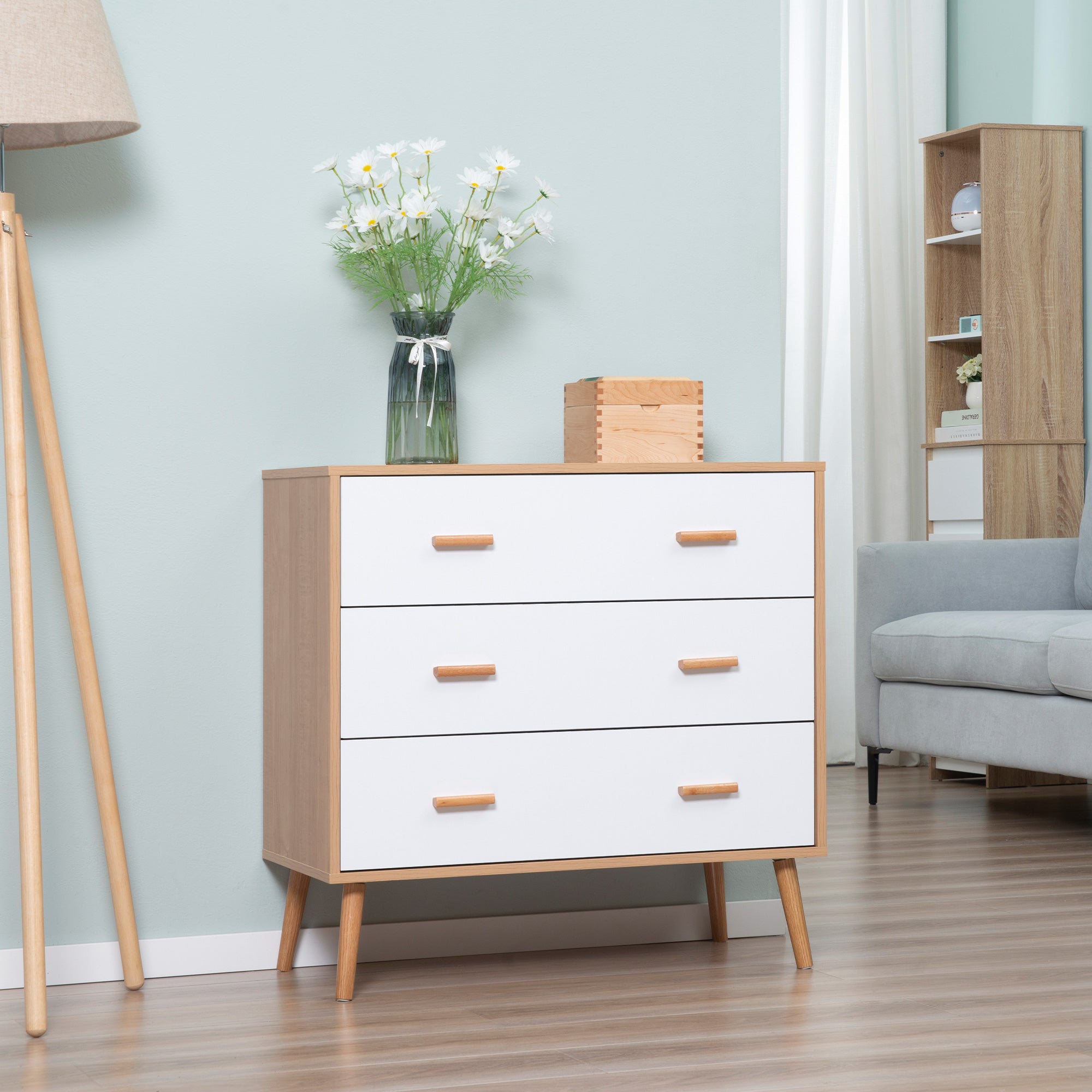 Kozy Chest of Drawers with 3 Drawers, Bedroom Cabinet, Storage Organizer for Living Room, White and Natural