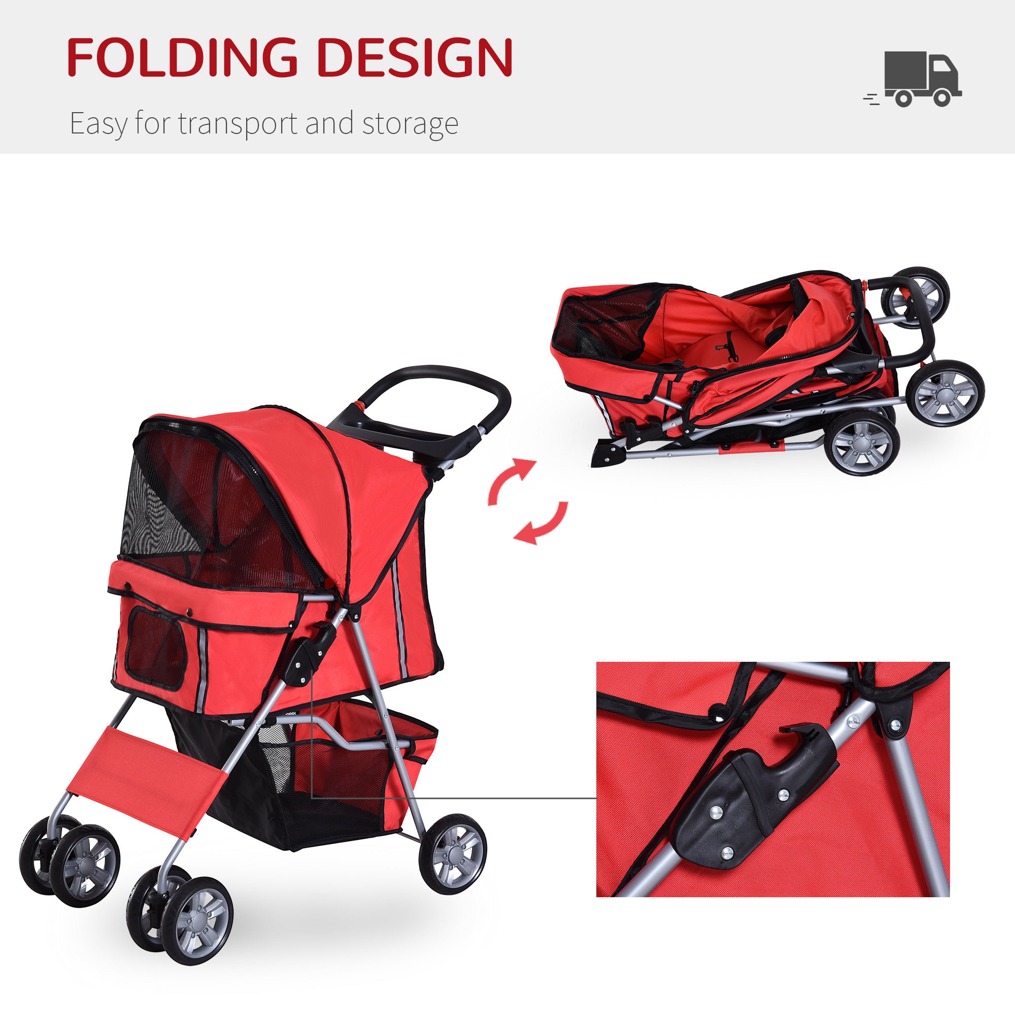 PawHut Pet Stroller, Dog Pram, Foldable Pushchair, Cat Travel Carriage with Wheels, Zipper Entry, for Small Pets, Red