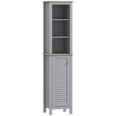 Kozy Bathroom Floor Storage Cabinet with 3 Tier Shelf and Cupboard with Door, Free Standing Linen Tower, Tall Slim Side Organizer Shelves, Grey