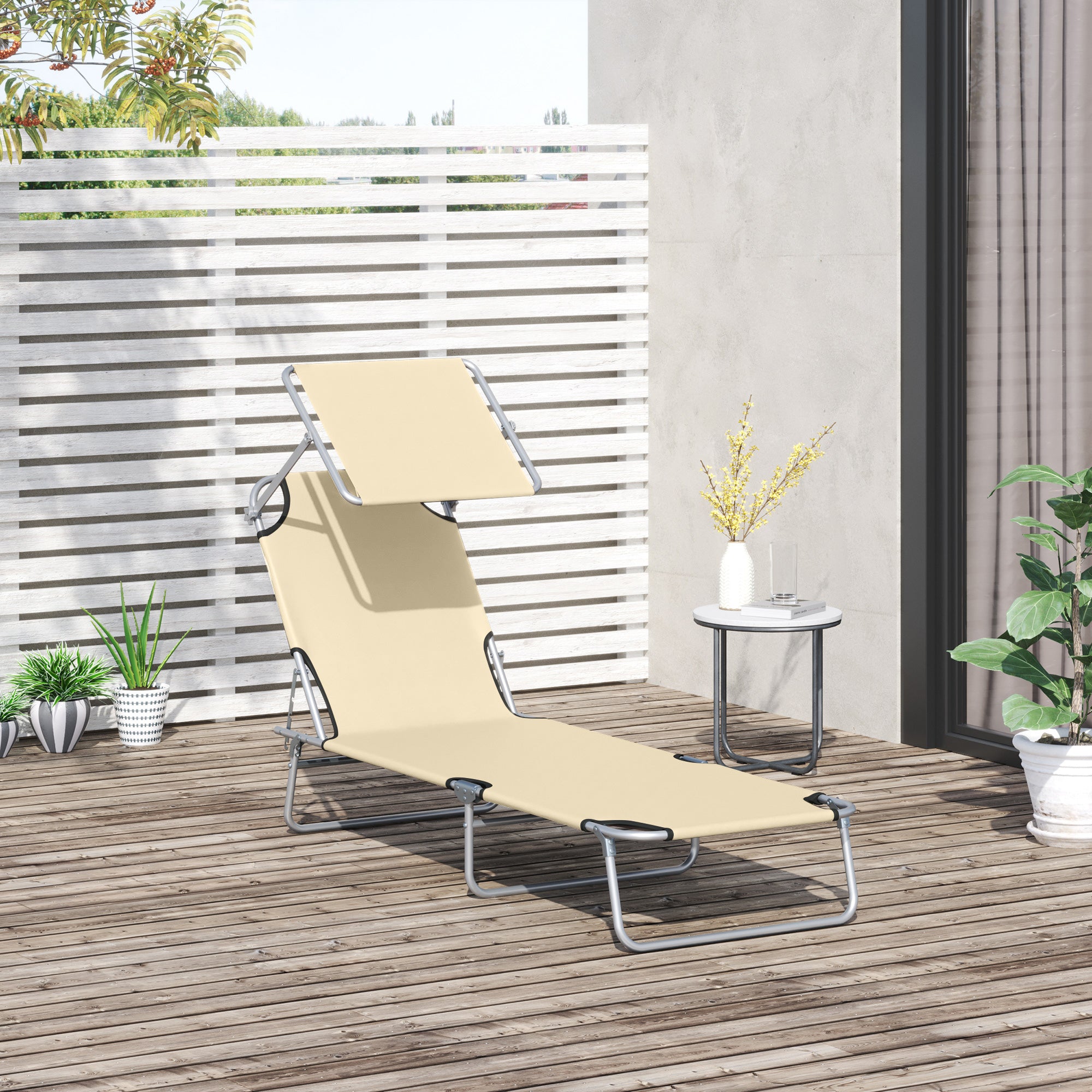 Kozy Outdoor Foldable Sun Lounger, 4 Level Adjustable Backrest Reclining Sun Lounger Chair with Angle Adjust Sun Shade Awning for Beach, Garden, Patio, Beige
