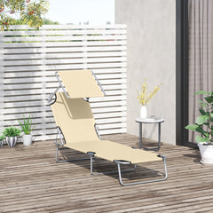 Kozy Outdoor Foldable Sun Lounger, 4 Level Adjustable Backrest Reclining Sun Lounger Chair with Angle Adjust Sun Shade Awning for Beach, Garden, Patio, Beige