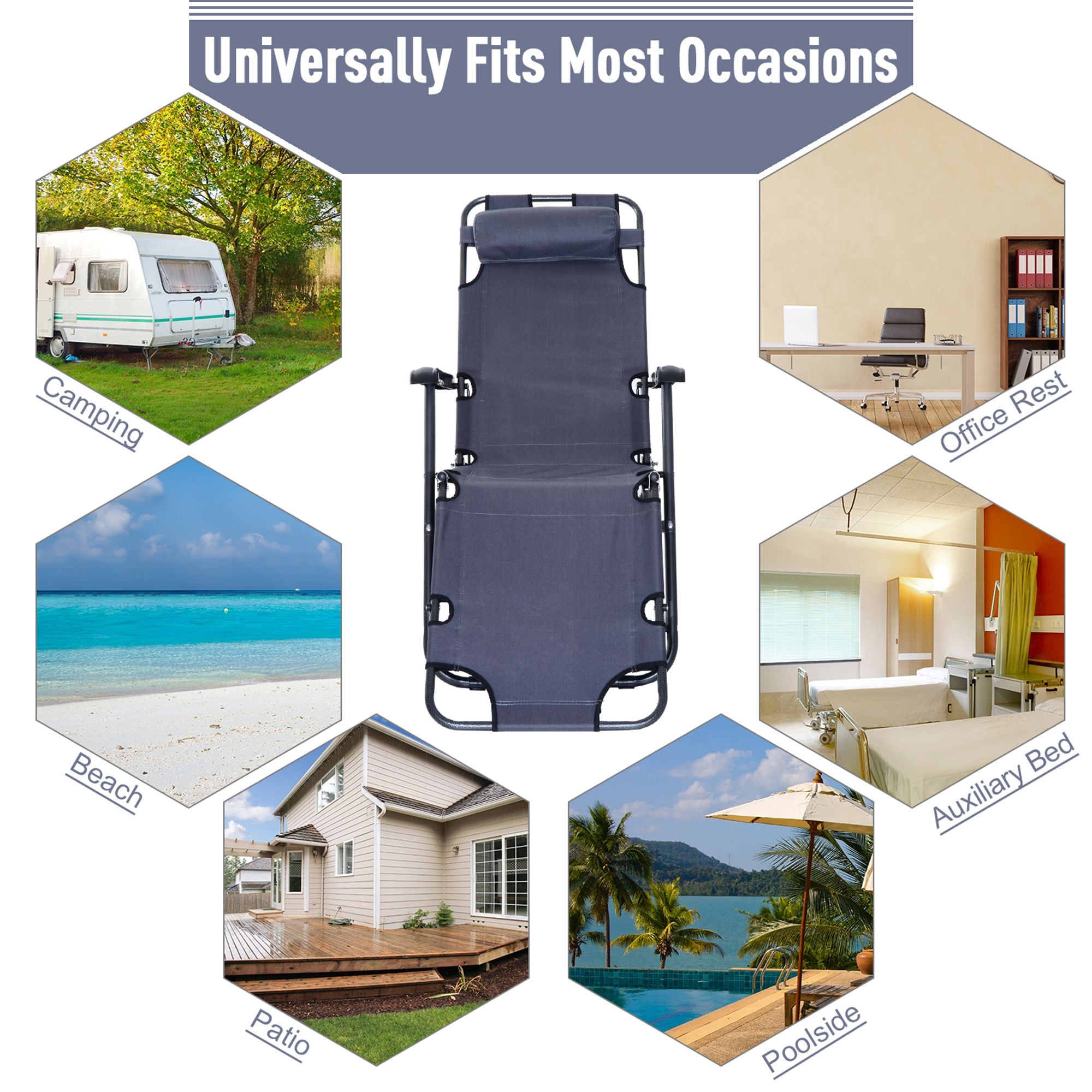 Kozy 2 in 1 Folding Sun Lounger Reclining Garden Chair with 2-Level Adjustable Backrest, Outdoor Zero Gravity Recliner Garden Chair with Head Pillow and Armrests, Grey