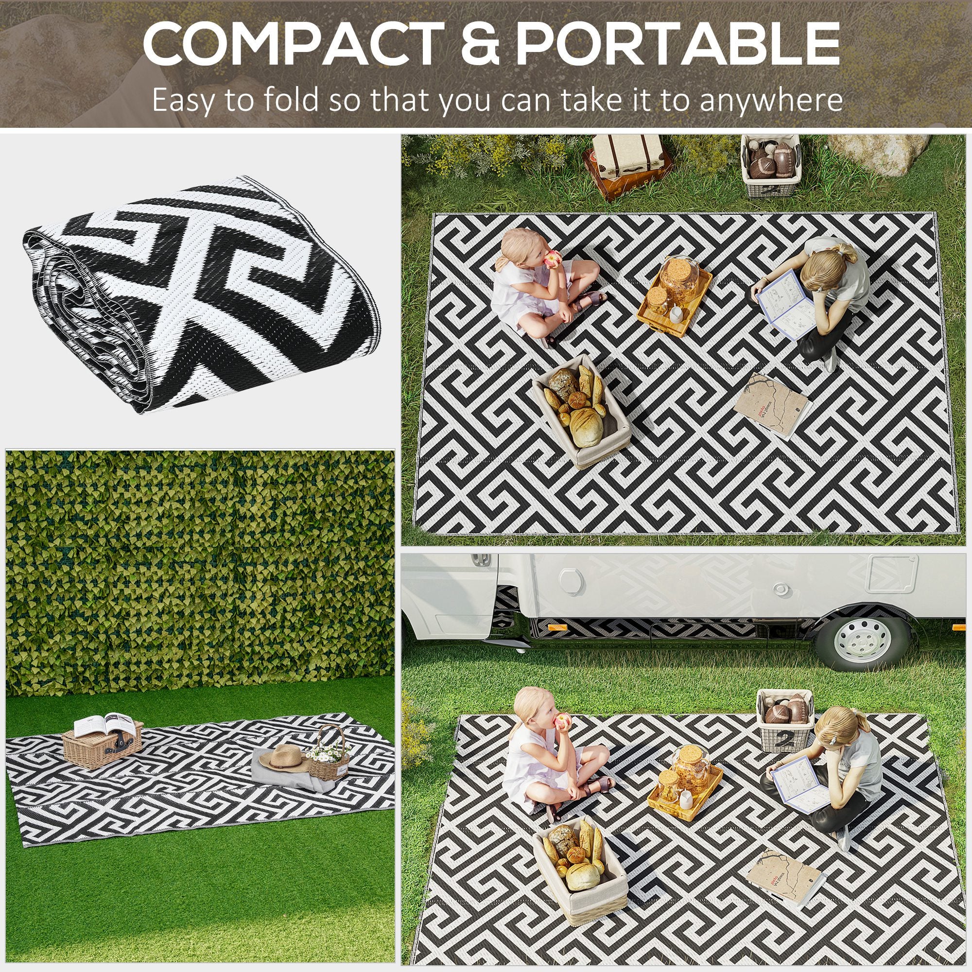 Kozy 152 x 243 cm(5x 8ft) Outdoor Rug Reversible Mat Plastic Straw Rug Portable RV Camping Mat for Garden Deck Picnic Indoor, Black & White