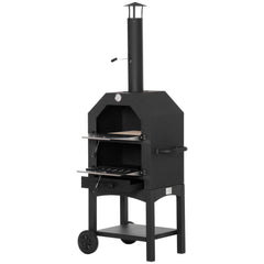 Kozy Outdoor Garden Pizza Oven Charcoal BBQ Grill 3-Tier Freestanding w/ Chimney, Mesh Shelf, Thermometer Handles, Wheels Garden Party Gathering Stainless Steel Cooker