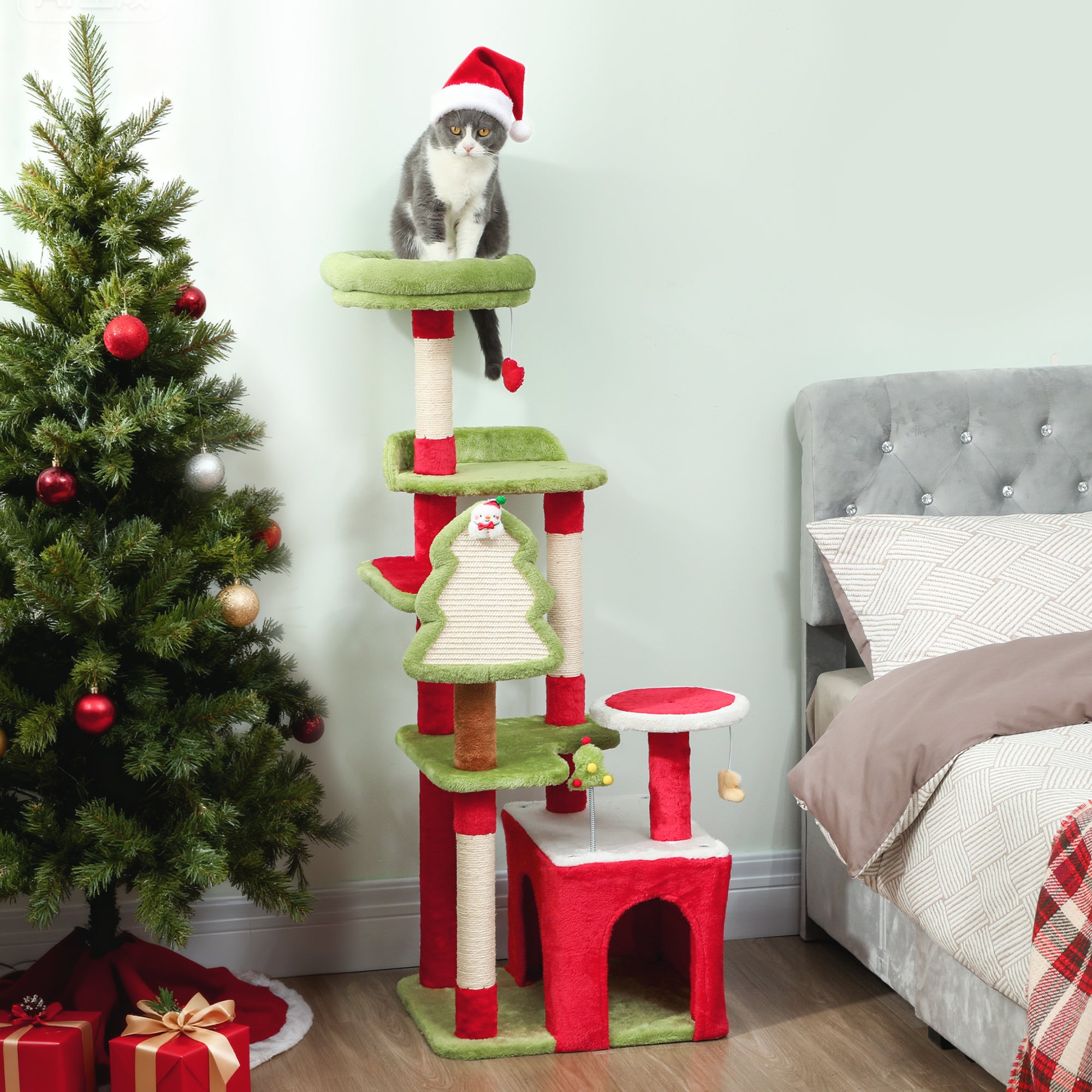 Kozy Cat Tree, 120cm Christmas Cat Tower with 3 Scratching Posts, Scratching Board, 2 Perches, Platforms, Toys, Green
