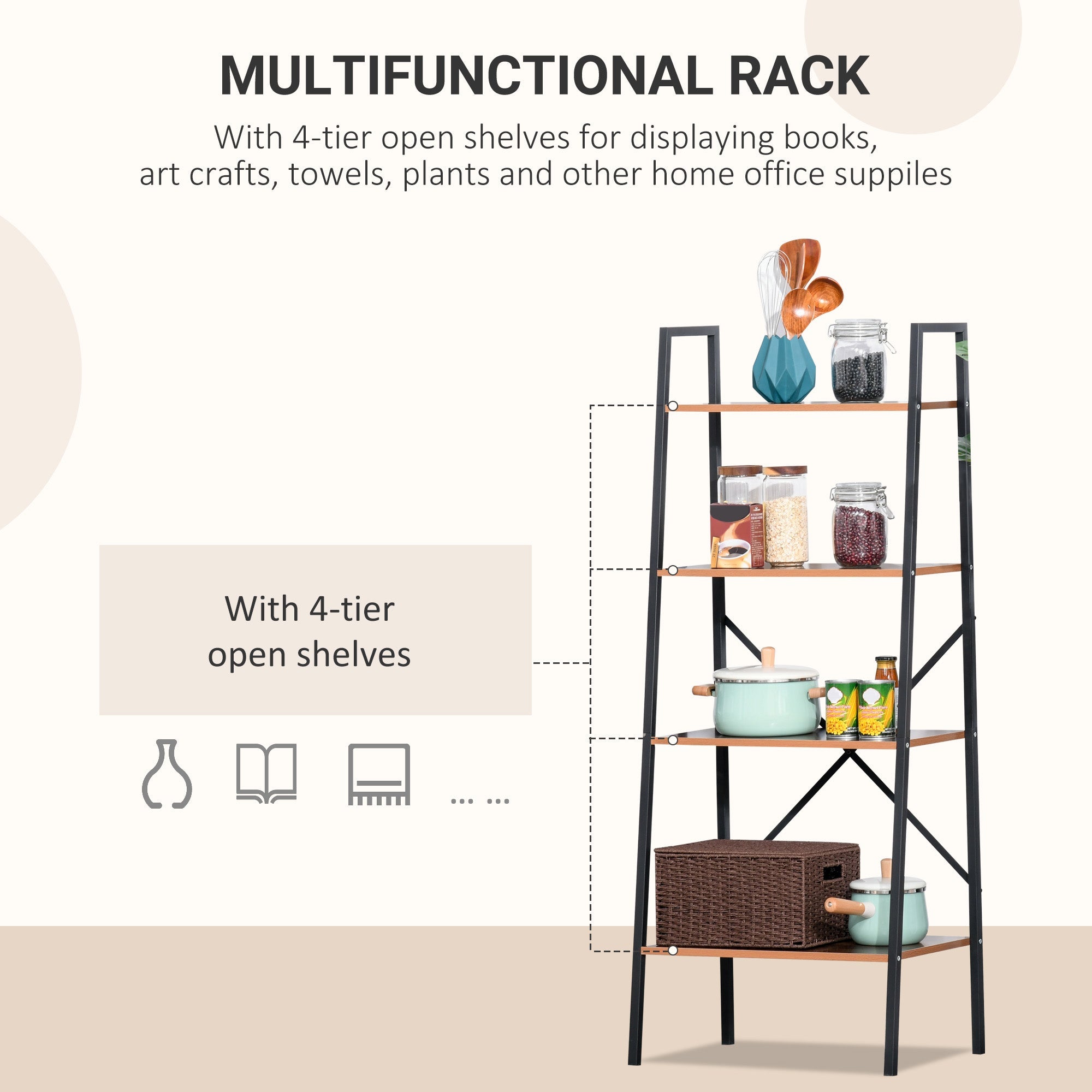 HOMCOM 4-Tier Vintage Ladder Shelf Bookcase Wood Storage Rack Stand Plants Display Black brown | Aosom UK