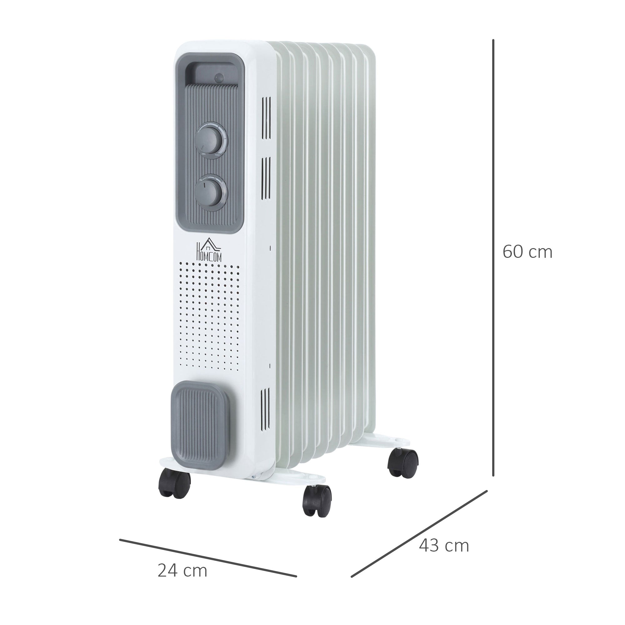 Kozy 2000W Oil Filled Radiator, 9 Fin, Portable Electric Heater with 3 Heat Settings, Safety Cut-Off and Wheels, White