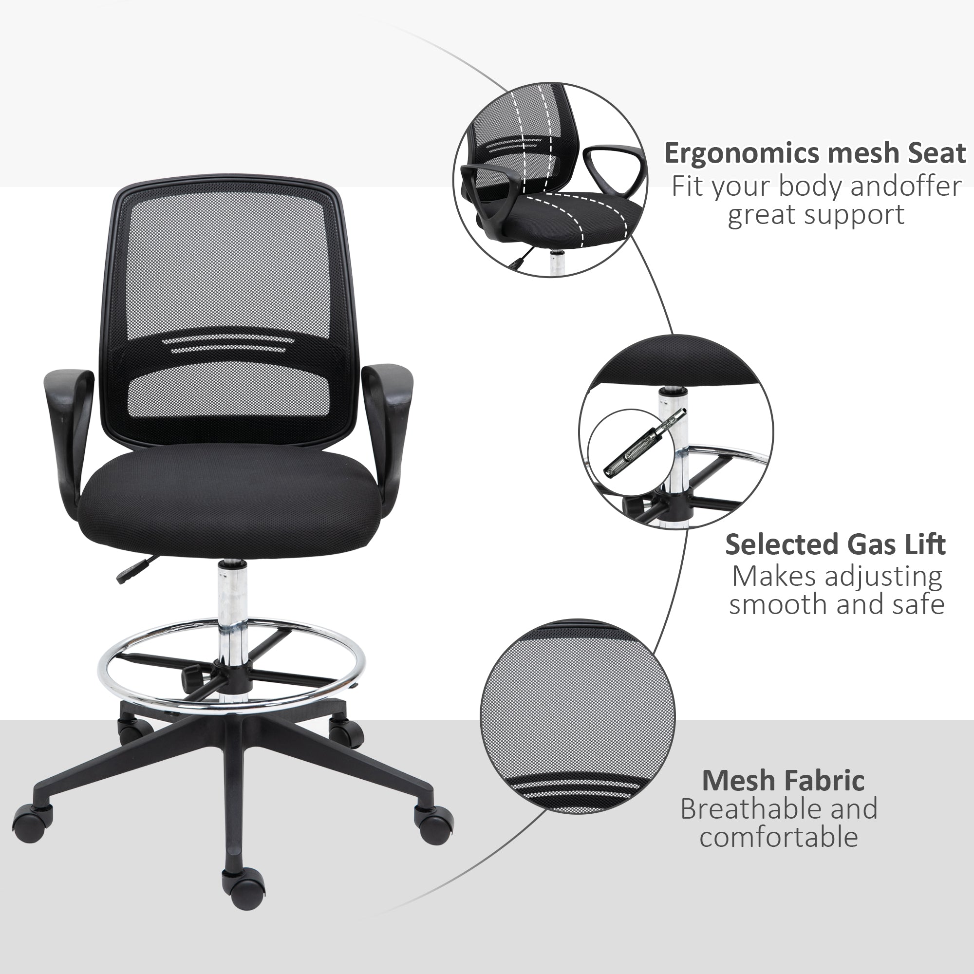 Vinsetto Drafting Chair, Ergonomic Mesh Back with Adjustable Height & Footrest, 360 Swivel