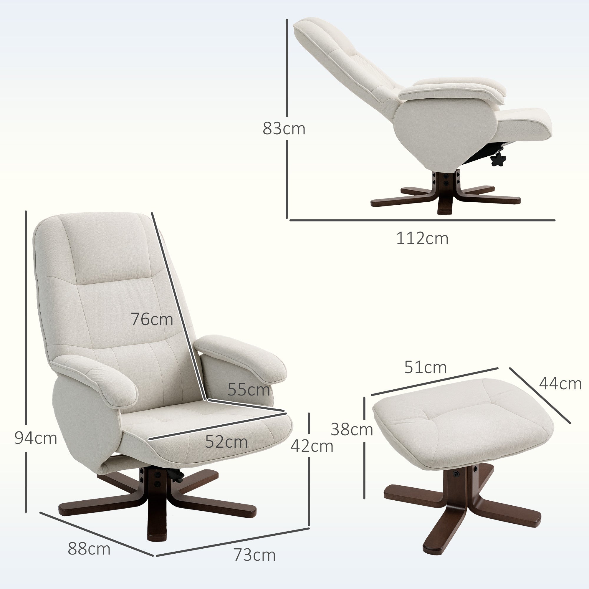 Kozy - Linen Swivel Recliner Chair with Footstool, Upholstered Reclining Armchair with Wooden Base for Living Room, Beige