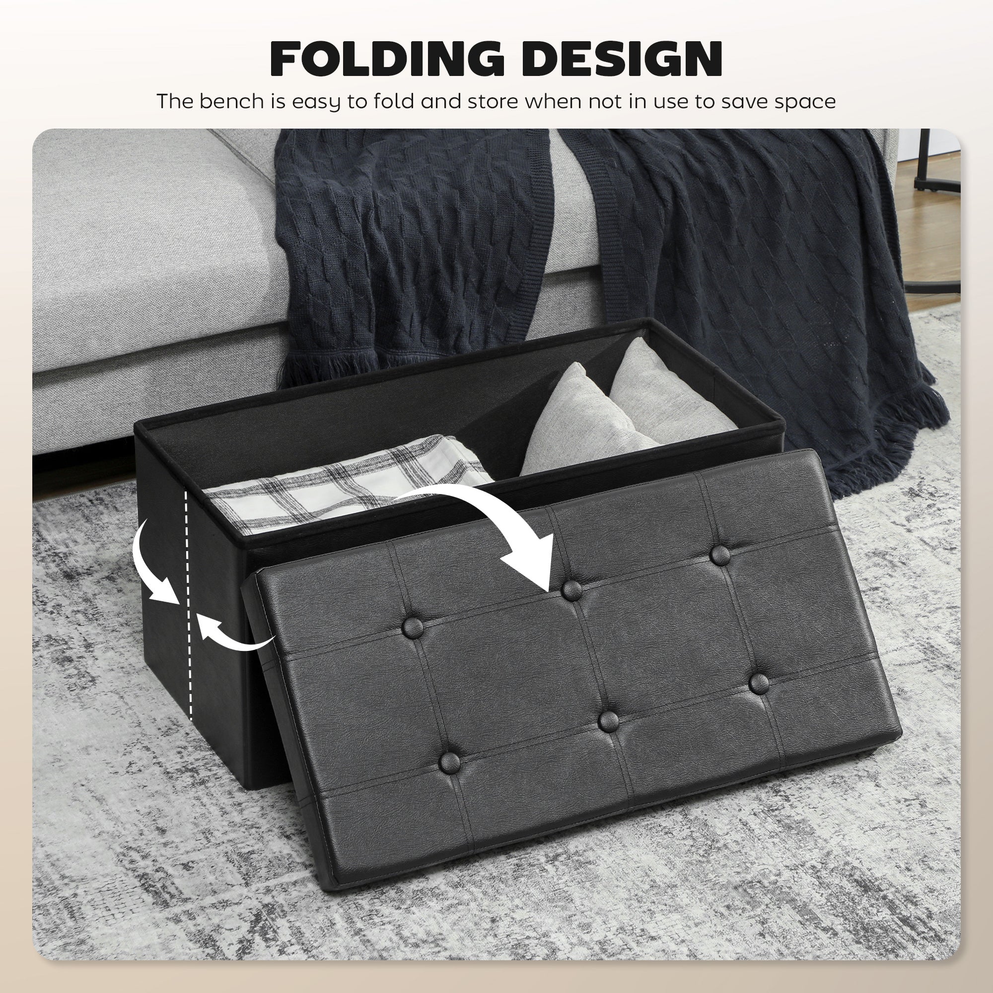 Kozy Storage Ottoman Bench, 89L PU Leather Folding Foot Rest Stool, End of Bed Bench, Easy Assembly, for Living Room, Bedroom, Entryway, Grey