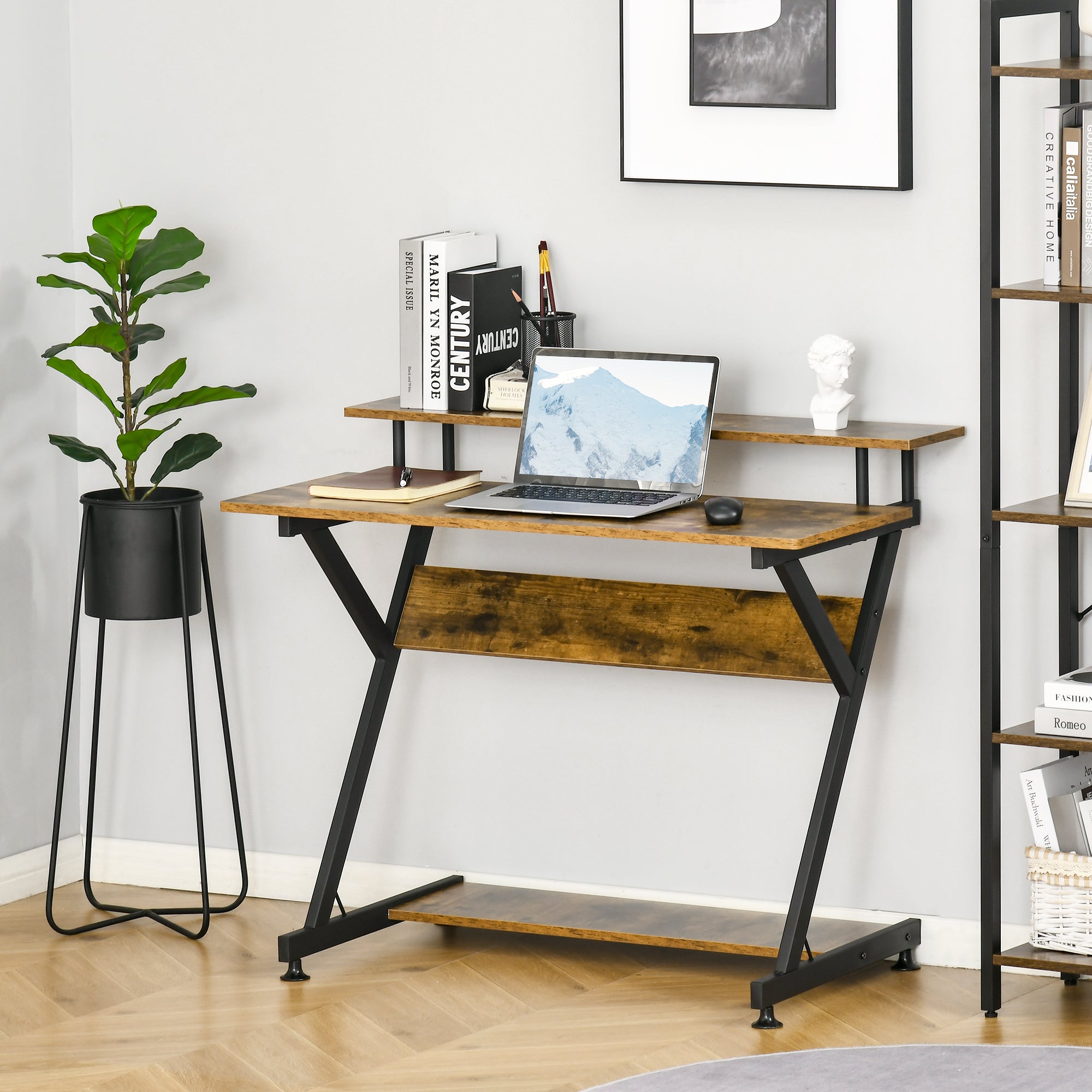 Kozy Industrial Computer Desk with Monitor Stand, 100 x 60cm Compact Desk for Small Spaces, Home Office Desk, Rustic Brown