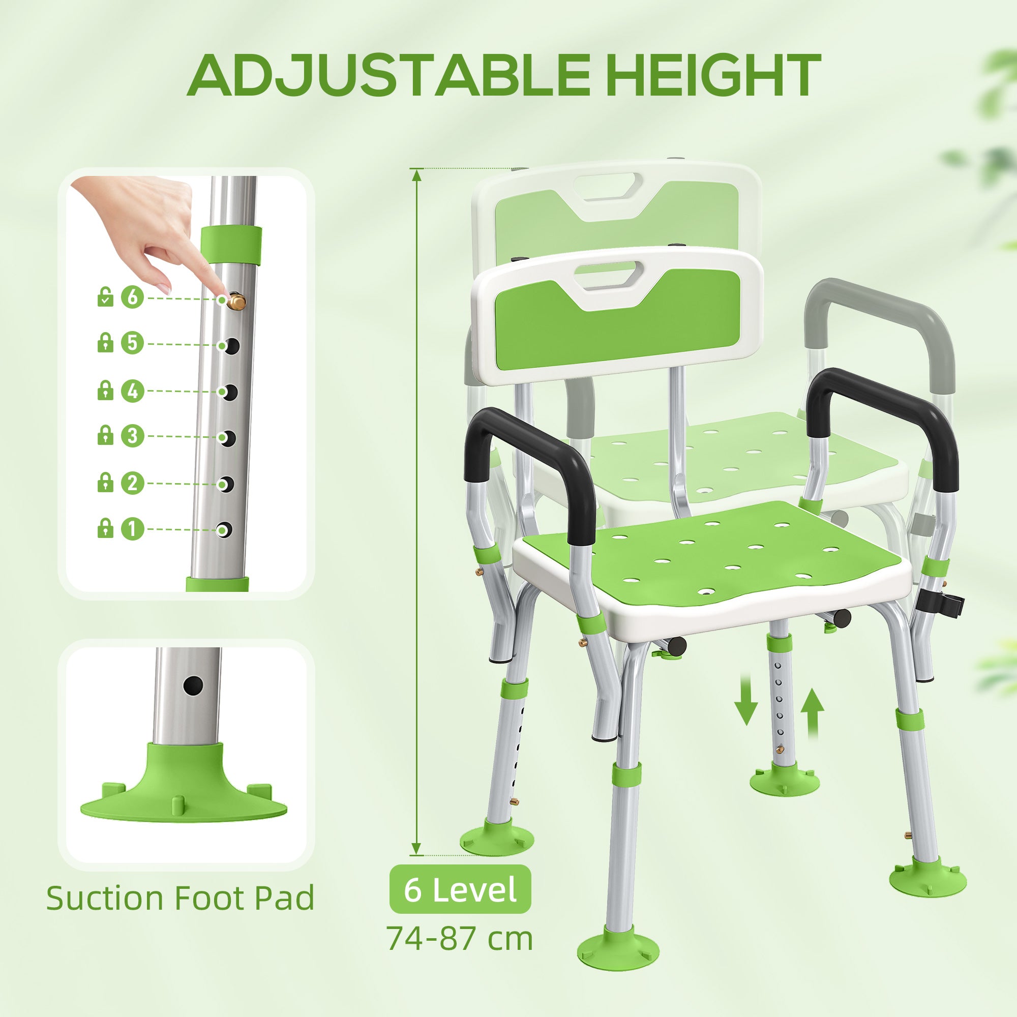 Kozy - EVA Padded Shower Chair for the Elderly and Disabled, Height Adjustable Shower Stool with Back and Arms, 4 Suction Foot Pads, Green