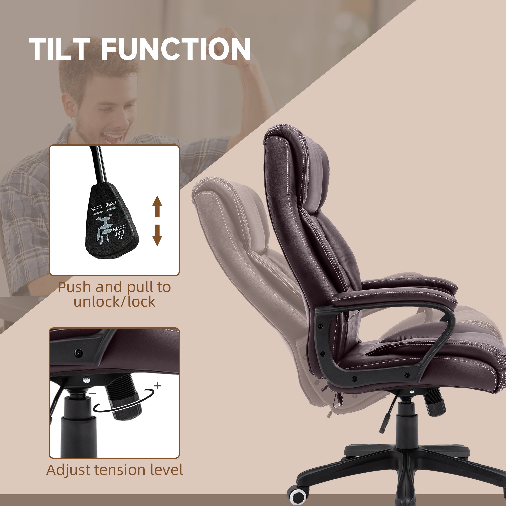 Kozy Office Chair with 6-Point Maaage, PU Desk Chair with Padded Seat and Armrest, Computer Chair with Tilt Function for Home, Brown