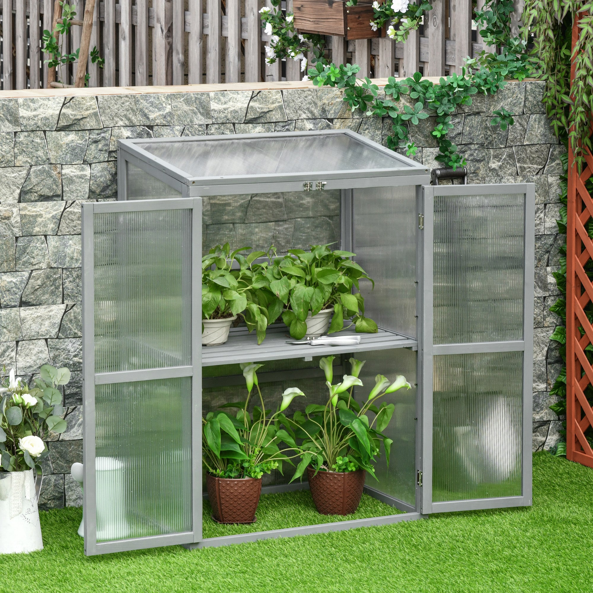 Kozy Wooden Cold Frame Greenhouse Polycarbonate Garden Grow House for Flower Vegetable Plants with Adjustable Shelf, Double Doors, 76 x 47 x 110cm, Light Grey