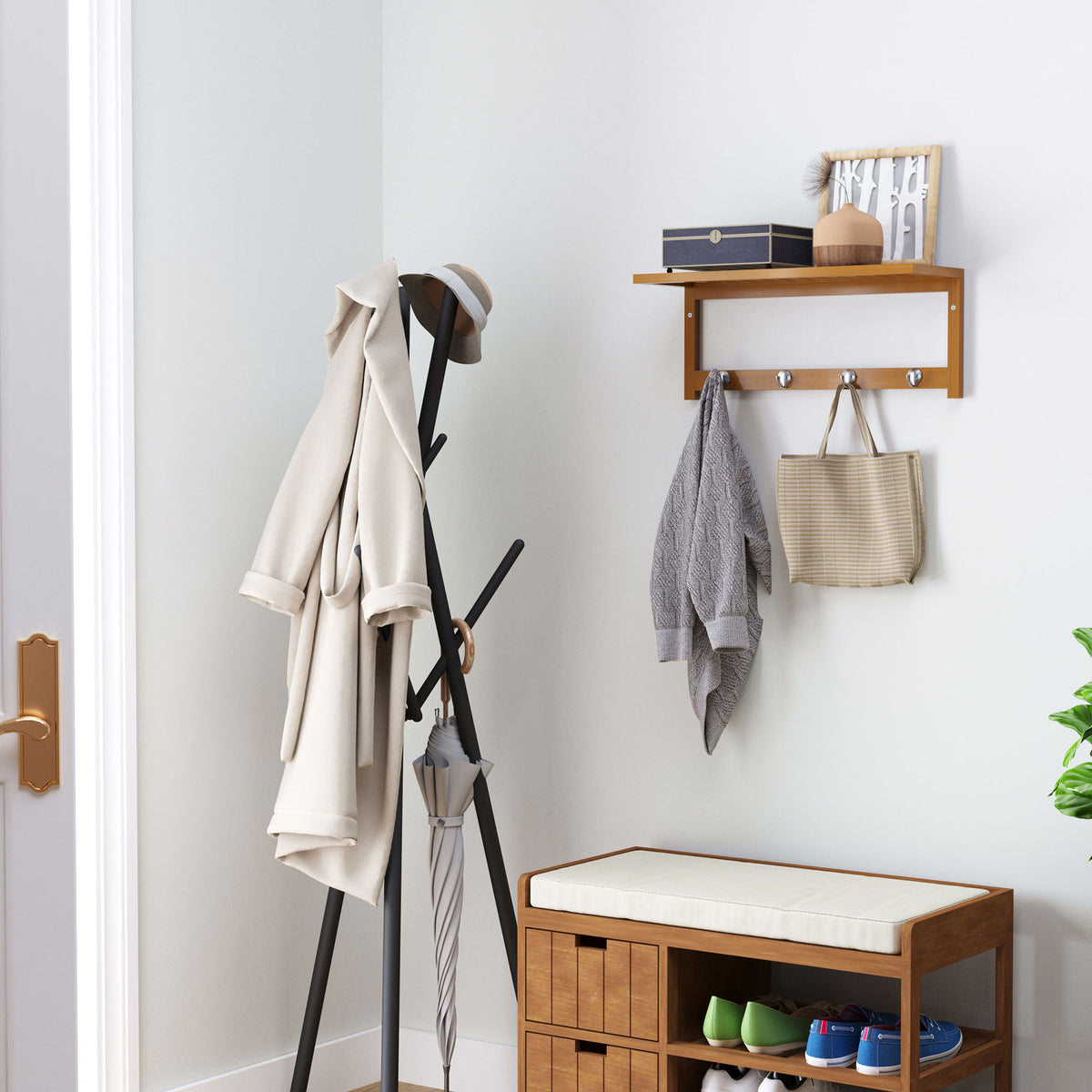 HOMCOM Wall Mounted Coat Rack with 4 Hooks, Rail & Storage Shelf, for Hallway, Entryway, Bedroom, Bathroom