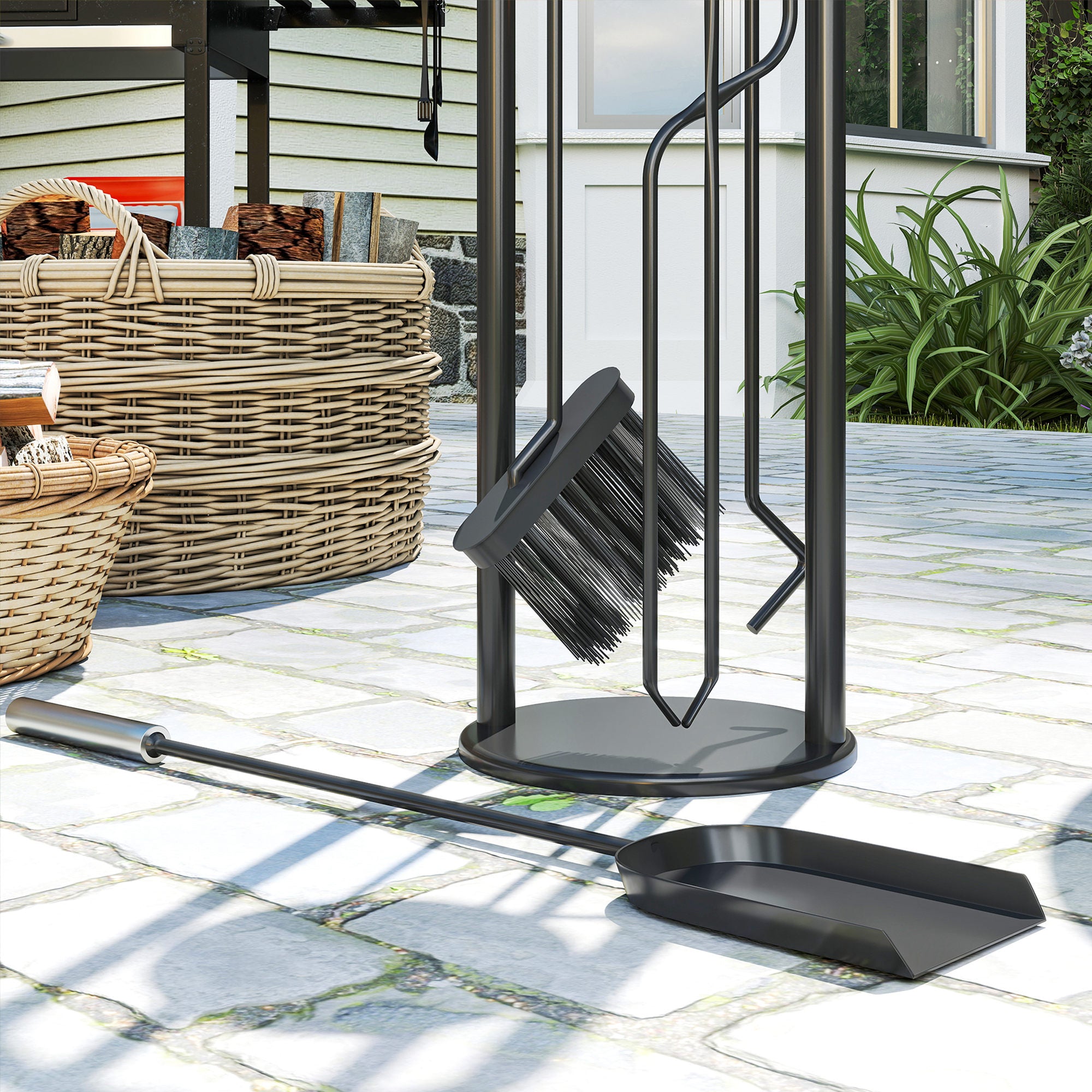 Kozy - 5 Pieces Fireplace Tools Set, Metal Fireplace Accessories Fireside Companion Set with Broom, Shovel, Poker and Bucket, Silver