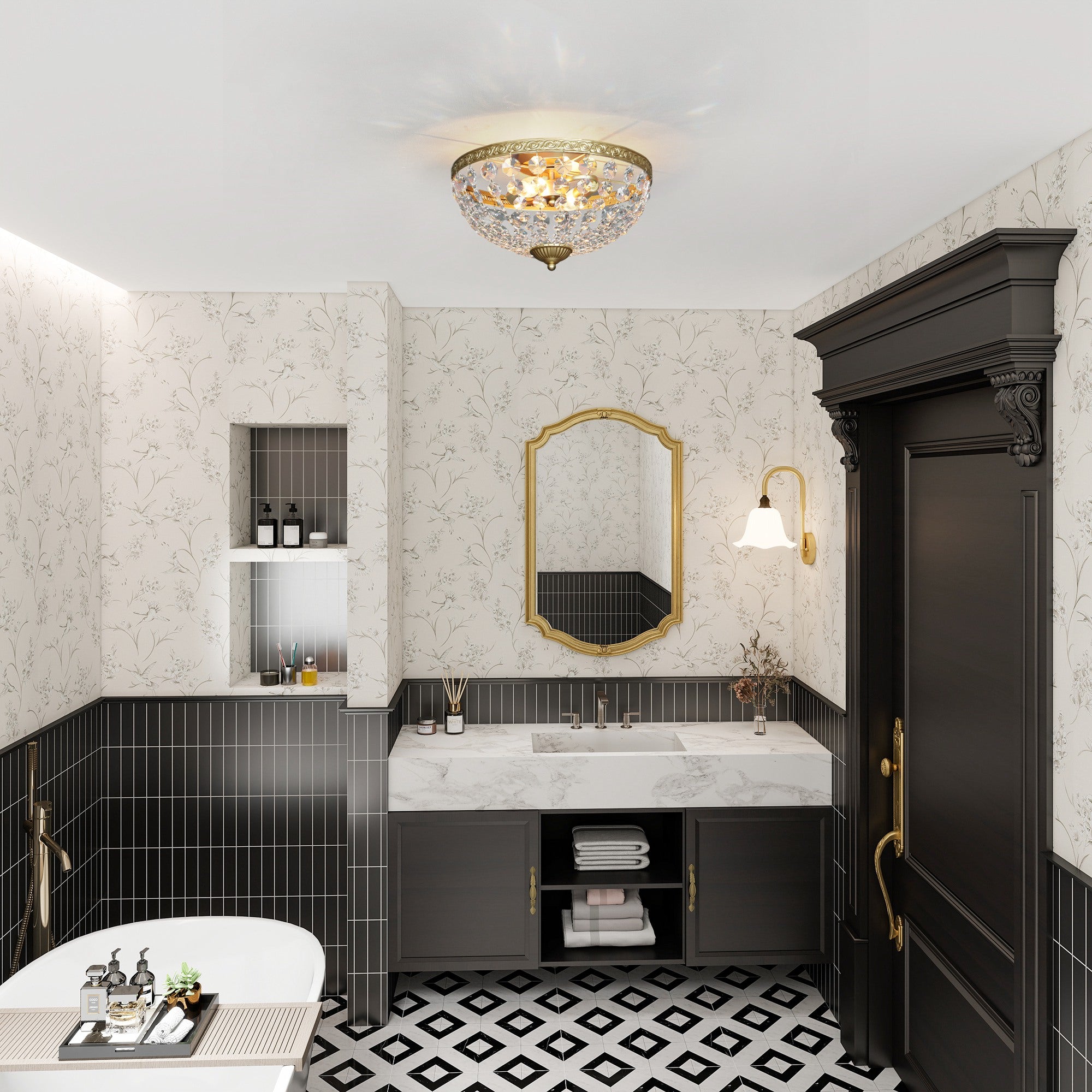 Kozy Crystal Chandelier Ceiling Light with 168 Octagonal Beads, Vintage 2-Light Flush Mount Ceiling Light for Living Room, Bedroom, Hallway, Dining Room, Gold Tone