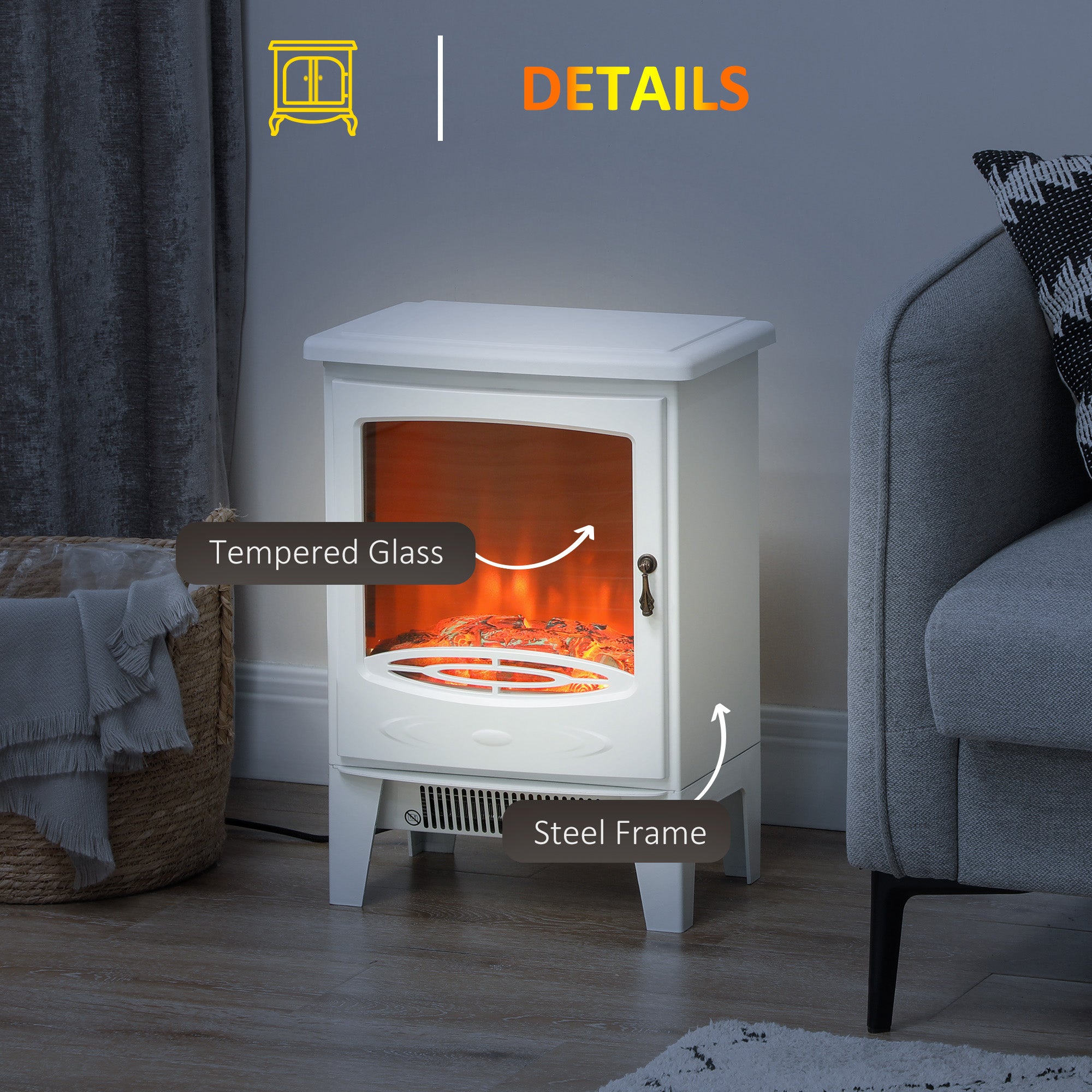 Kozy - Tempered Glass Casing Electric Fireplace, Freestanding Electric Fire with Realistic Flame Effect, Log Burner with Overheat Protection, 950w/ 1850W, White