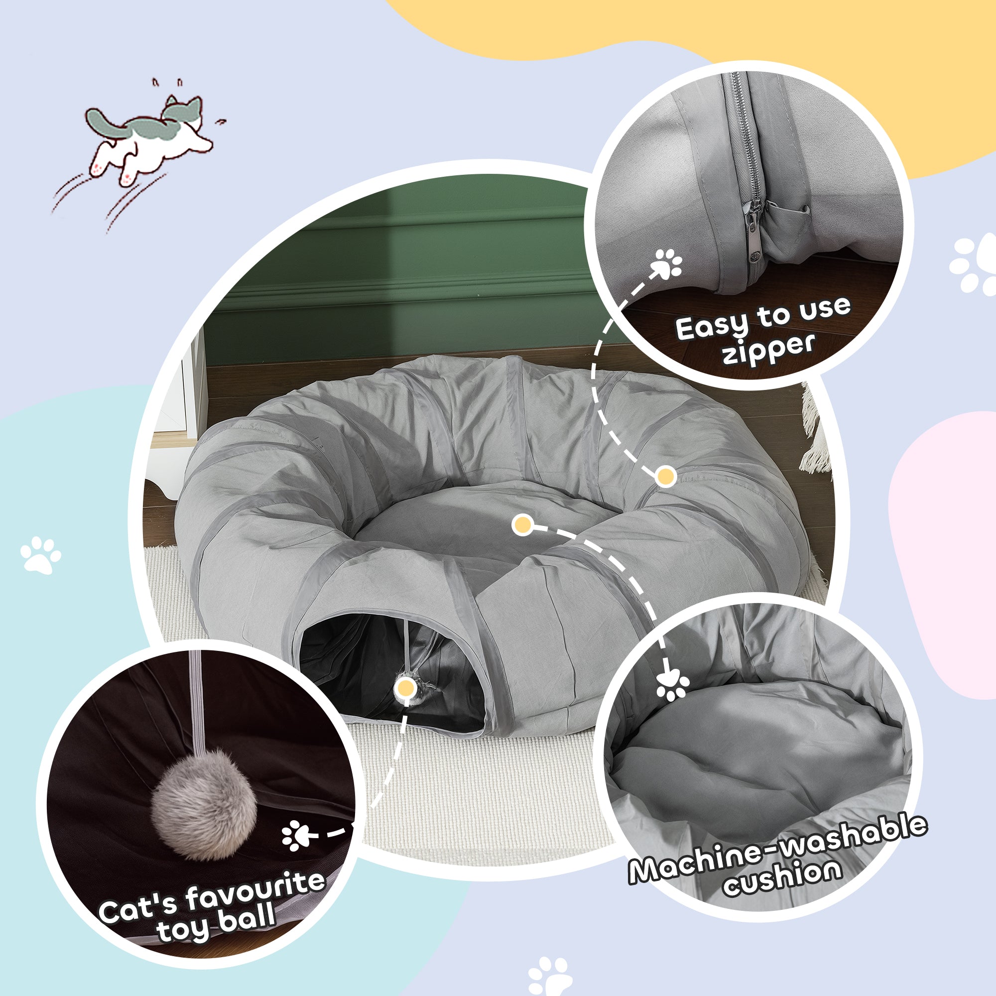 Kozy - 2 in 1 Cat Tunnel with Bed, Cat Play Tunnel with Ball & Peek Hole for Indoor Cats, Grey