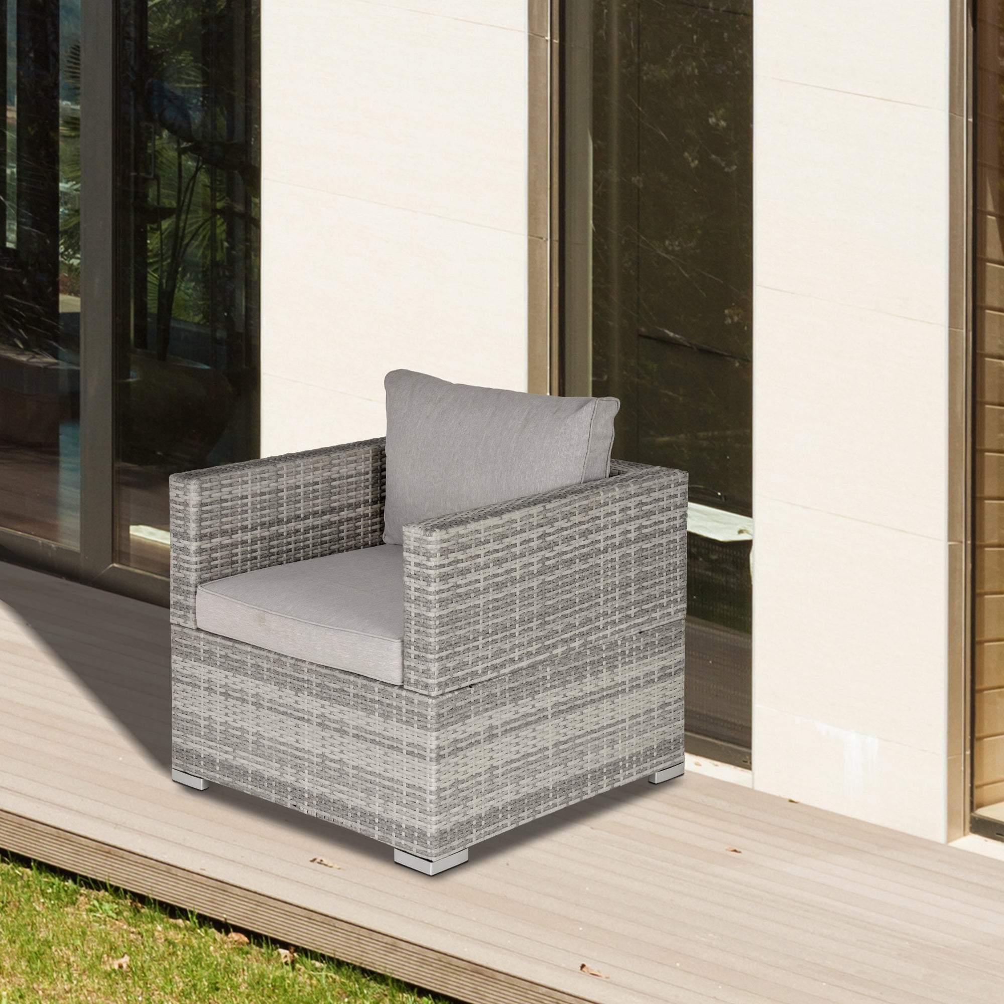 Kozy Single Seater Rattan Chair Sofa with Padded Cushions, All-Weather PE Wicker Weave Garden Armchair with Armrests, Grey