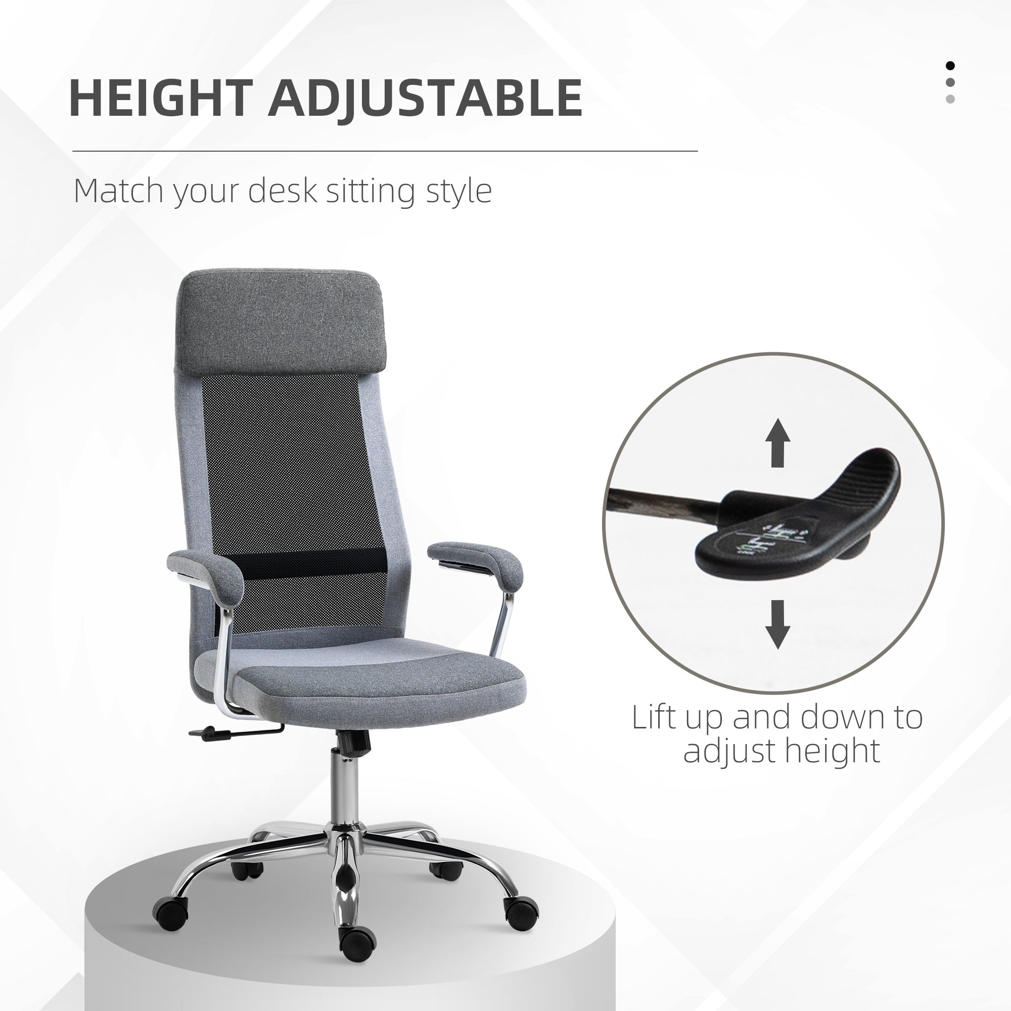 Kozy Office Chair, Ergonomic Desk Chair, High Back Computer Chair with Adjustable Height, Swivel Rolling Wheels, Mesh Back and Linen-Feel Fabric Seat for Home and Study, Grey
