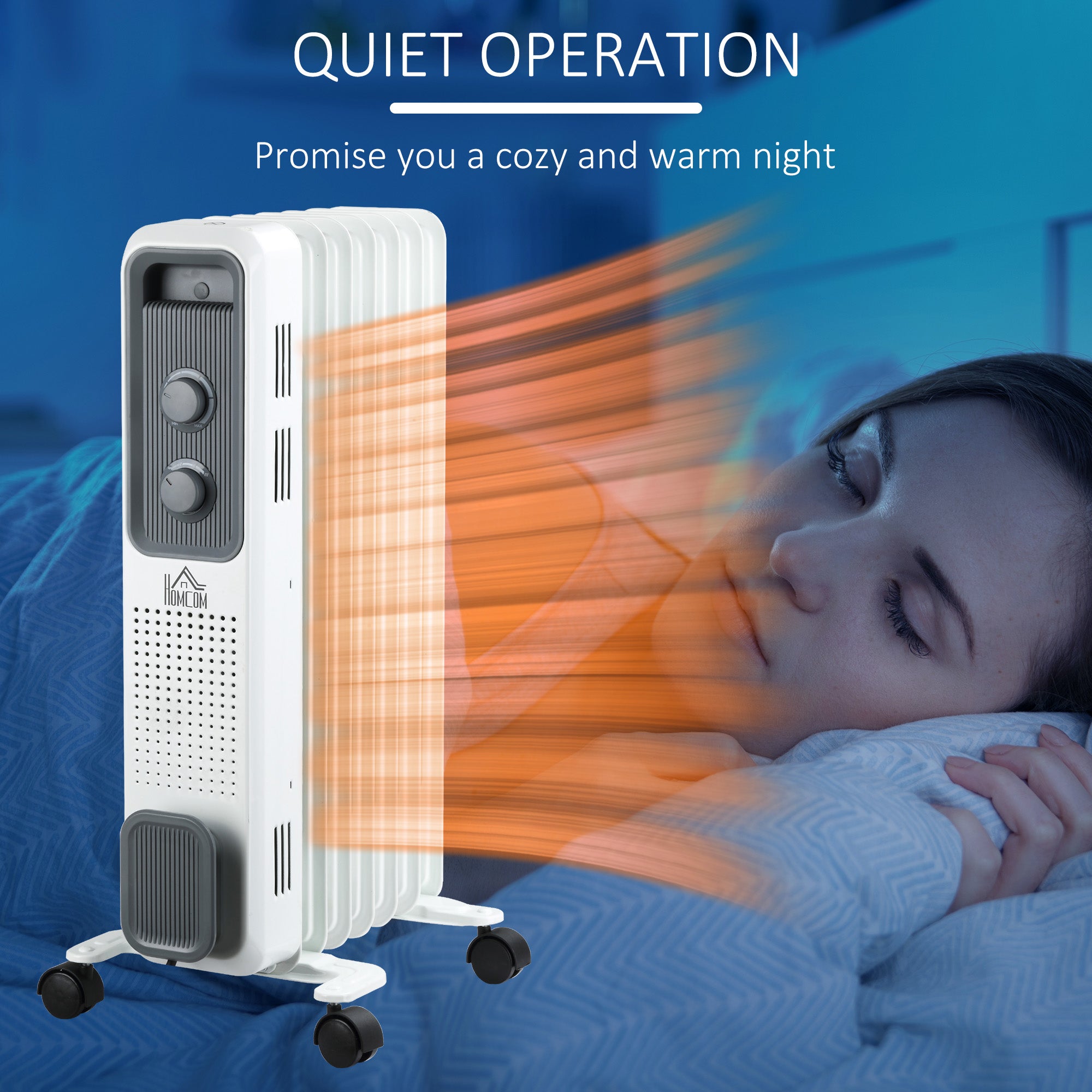 Kozy 1500W Oil Filled Radiator, 7 Fin, Portable Electric Heater with 3 Heat Settings, Safety Cut-Off and Wheels, White