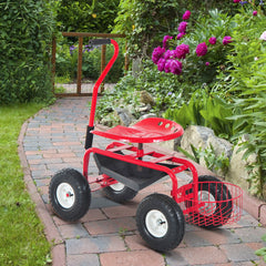 Outsunny Adjustable Rolling Garden Cart Outdoor Garden Planting Station Trolley Swivel Gardener Work Seat Heavy Duty w/ Tool Tray & Basket Red 150kg